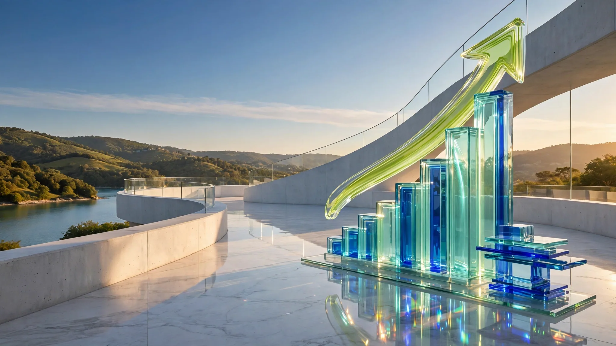 Translucent glass bar chart with a lime arrow climbing over it, set on a sunny white concrete terrace above a bright blue bay and sky