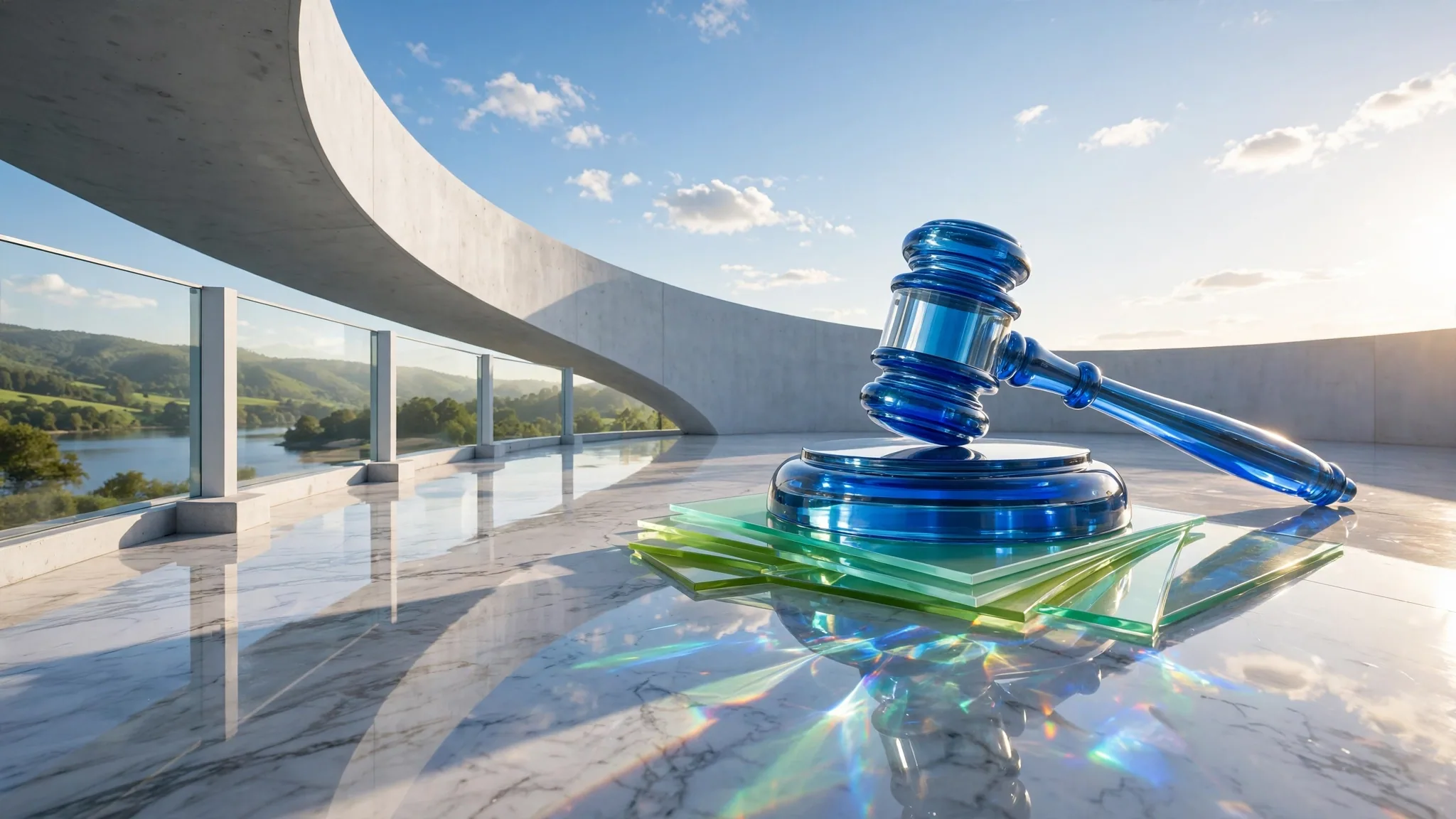 Translucent cobalt and lime glass gavel resting on a round glass sound block on a sunny white concrete terrace above a calm bay under a clear blue sky