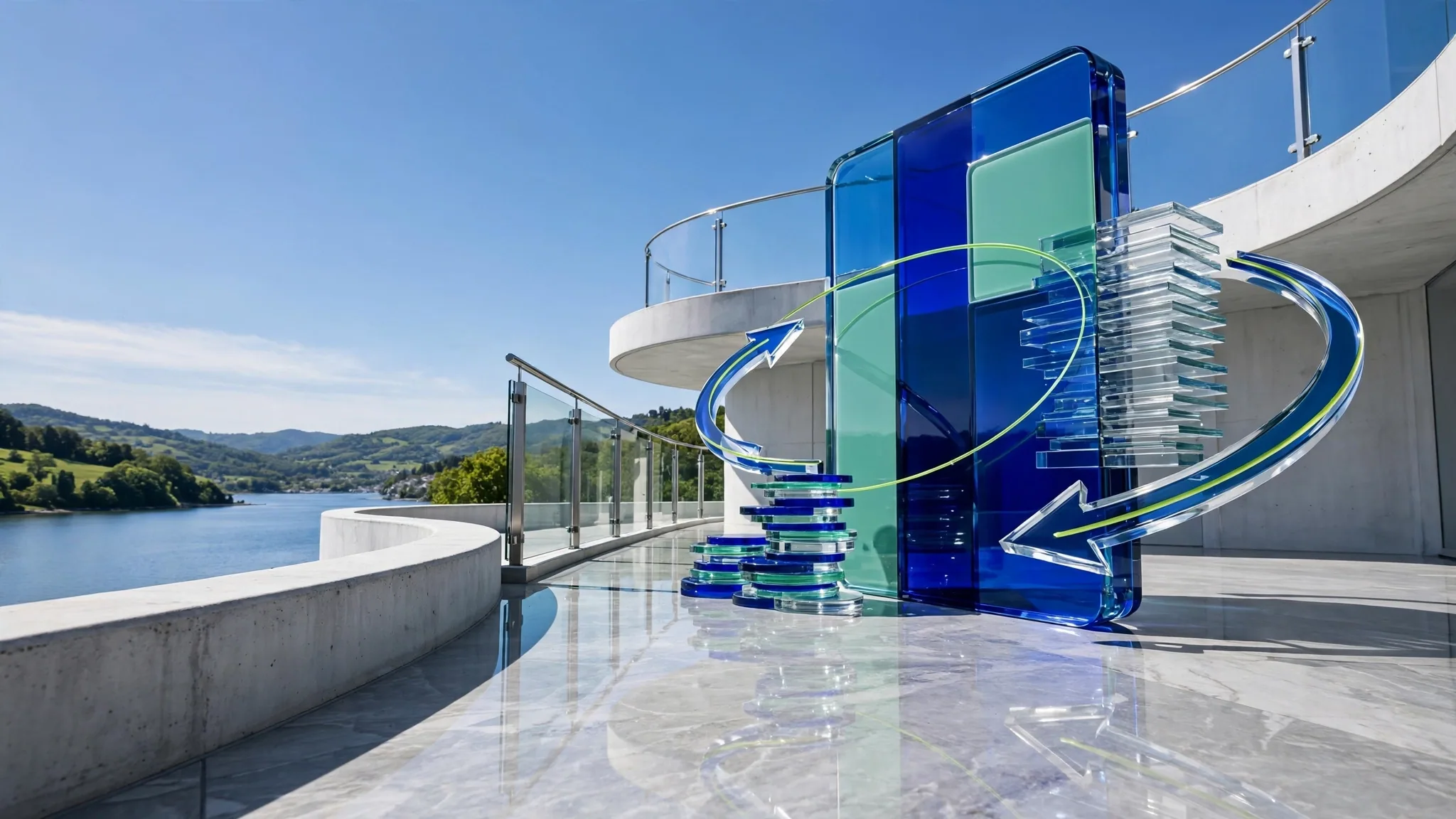 Translucent glass sculpture of a credit card, coin stack and curved arrows on a sunlit white concrete terrace above a bay under a clear blue sky