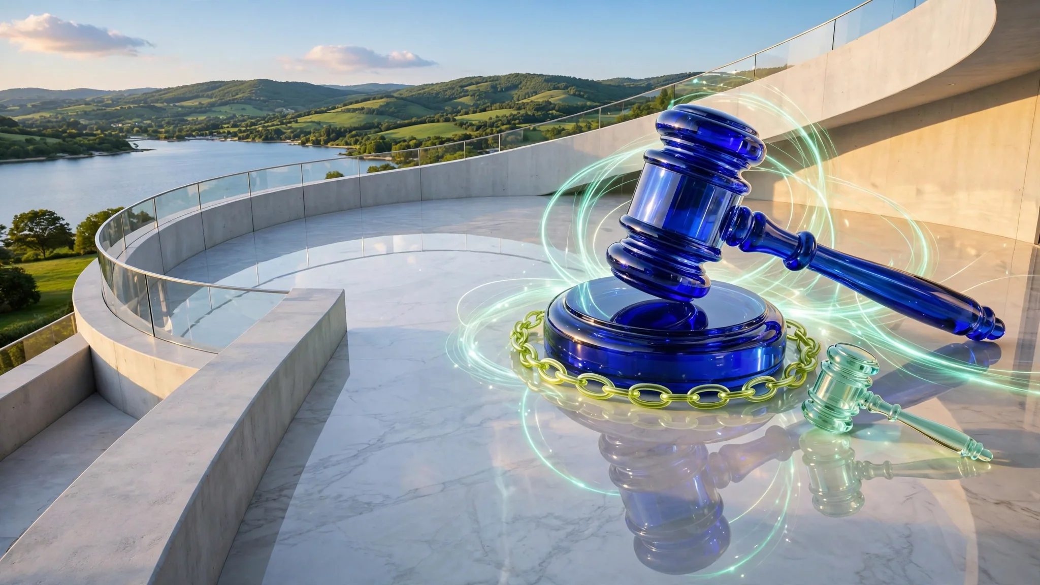Translucent cobalt and lime glass gavel resting on a round glass block on a sunny white concrete terrace above a bay under a bright blue sky
