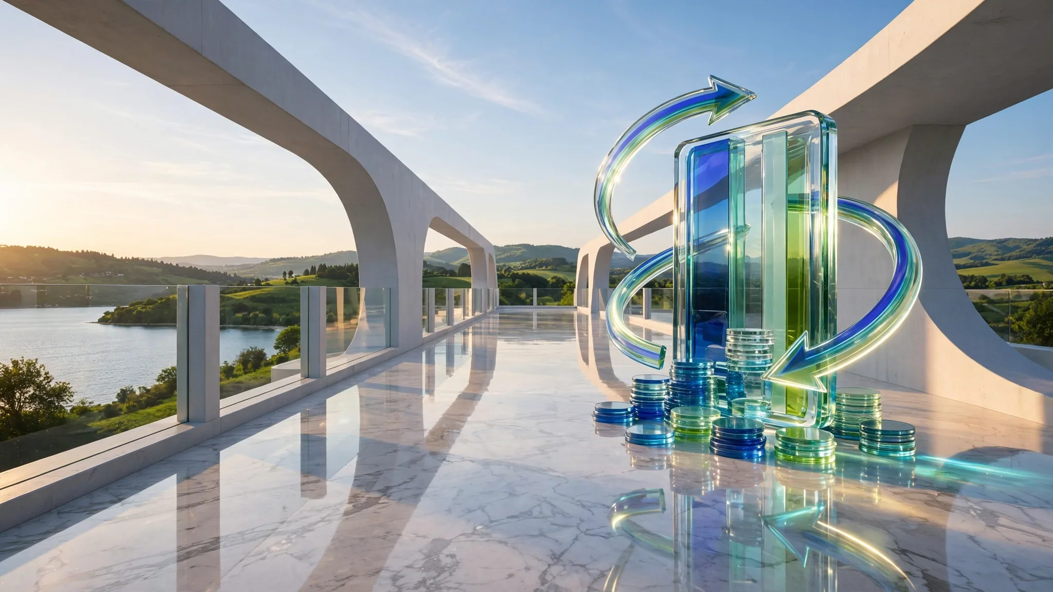 Translucent cobalt, royal blue, lime and mint glass sculpture of a card and coins on a sunny white terrace above a bay under a clear sky