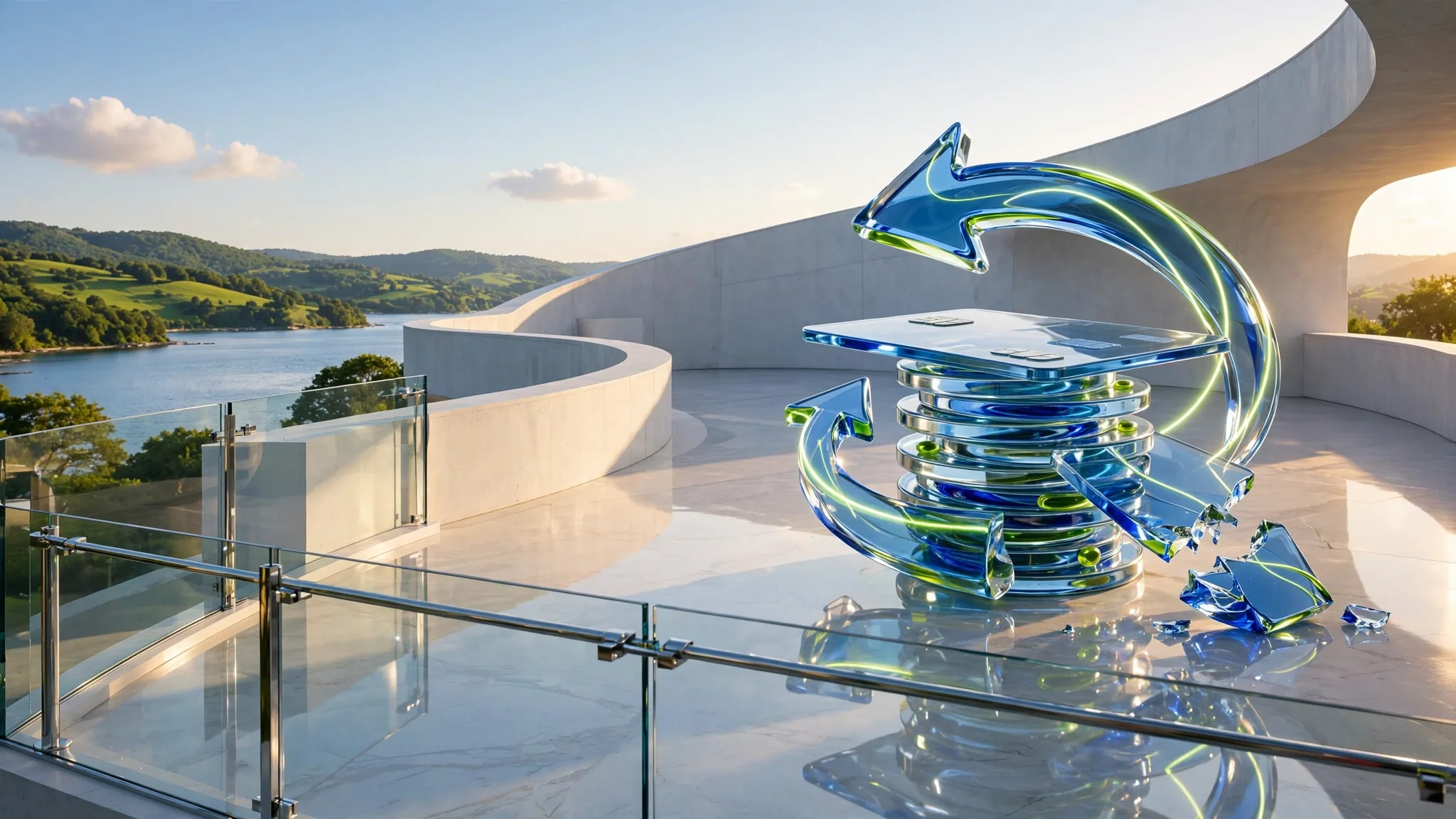 Translucent glass sculpture of a credit card and coin stacks ringed by curved arrows, on a sunny white terrace above a bay under blue sky