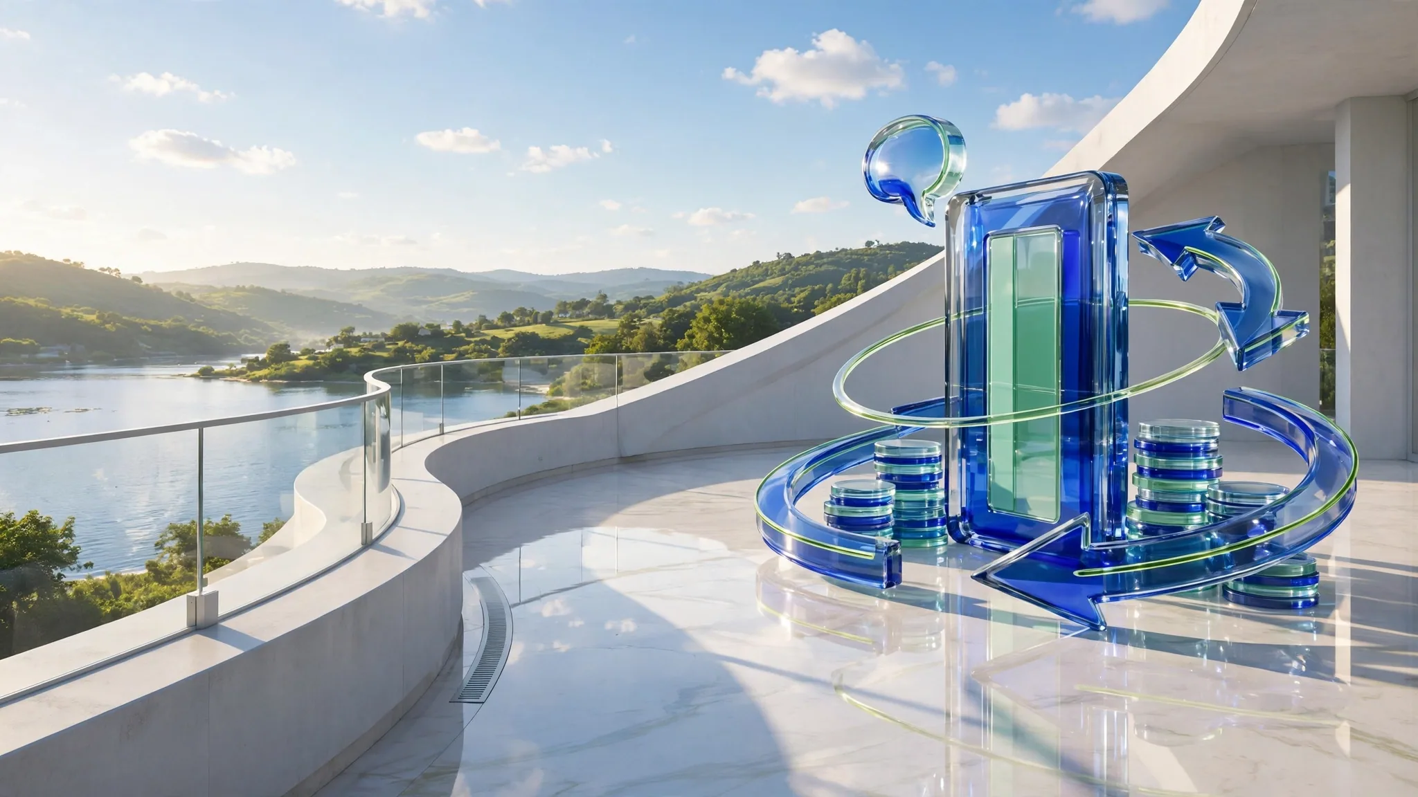 Translucent cobalt, royal blue, lime and mint glass sculpture of a credit card and coin stacks on a sunny white concrete terrace above a bay under a bright sky
