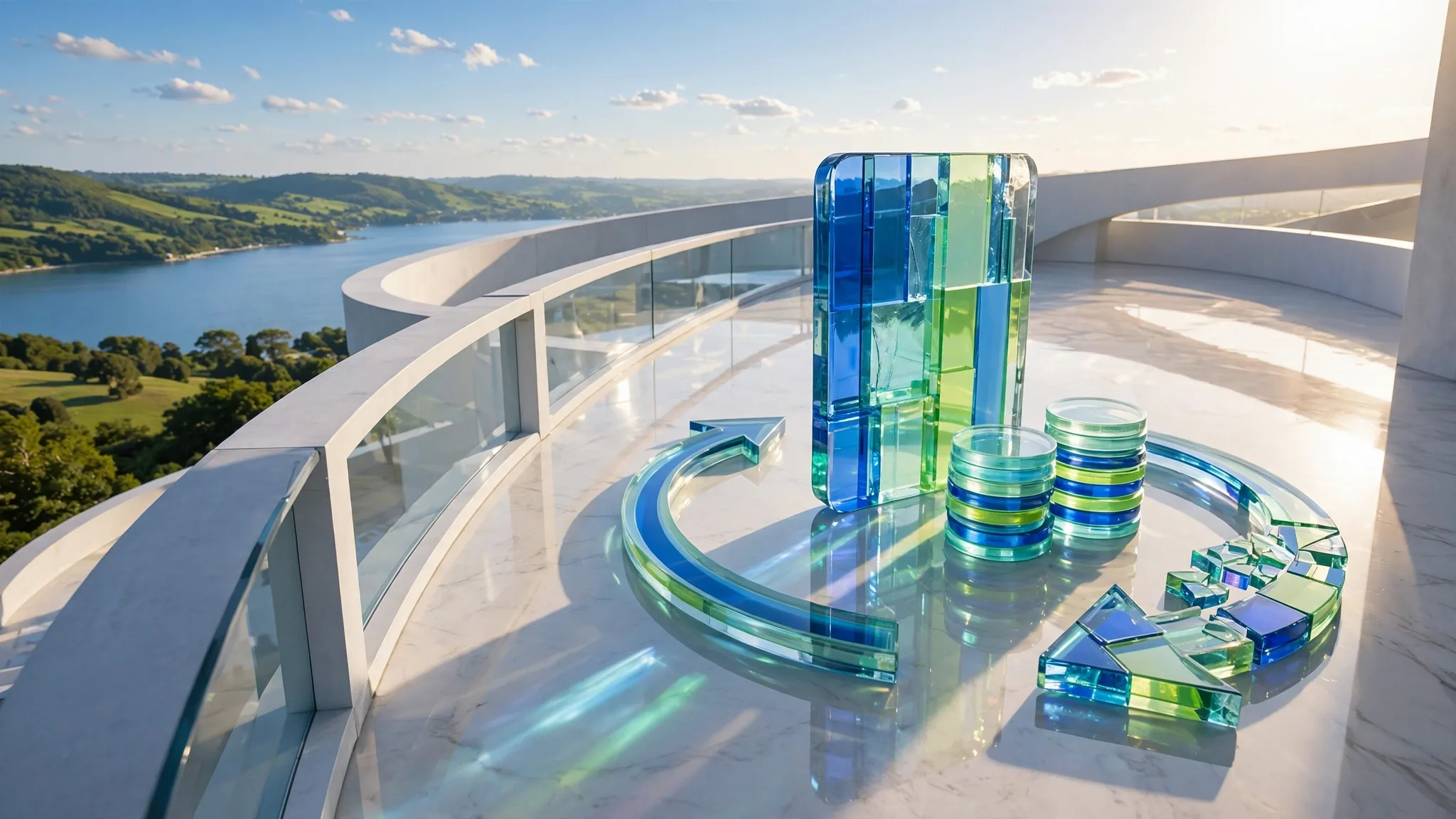 Translucent glass sculpture of a card, coin stacks and curved arrows on a sunny white concrete terrace above a bay, with blue sky