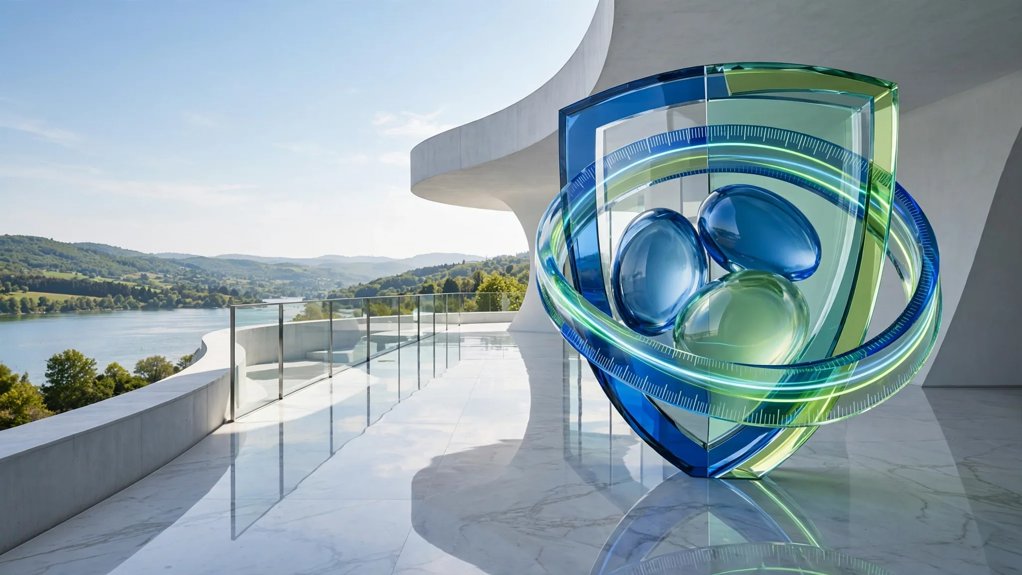 Translucent cobalt and lime glass sculpture of a shield around three faceless figures on a sunny white concrete terrace above a bright blue bay and sky