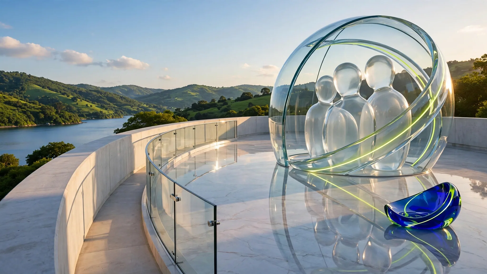 Translucent cobalt, lime and mint glass shield holding three rounded faceless figures, with a sweeping ribbon ring, on a sunny white terrace above a bay