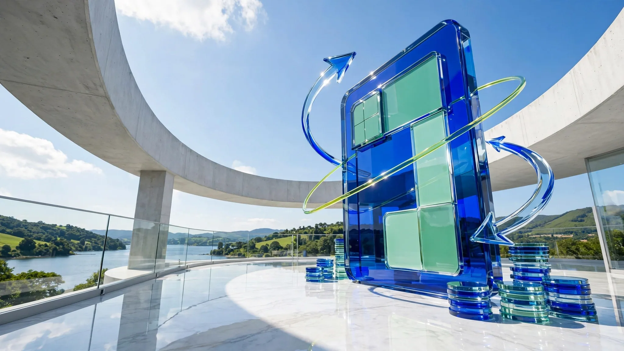 Translucent cobalt, lime and mint glass sculpture on a sunny white concrete terrace above a bay, under a clear blue sky