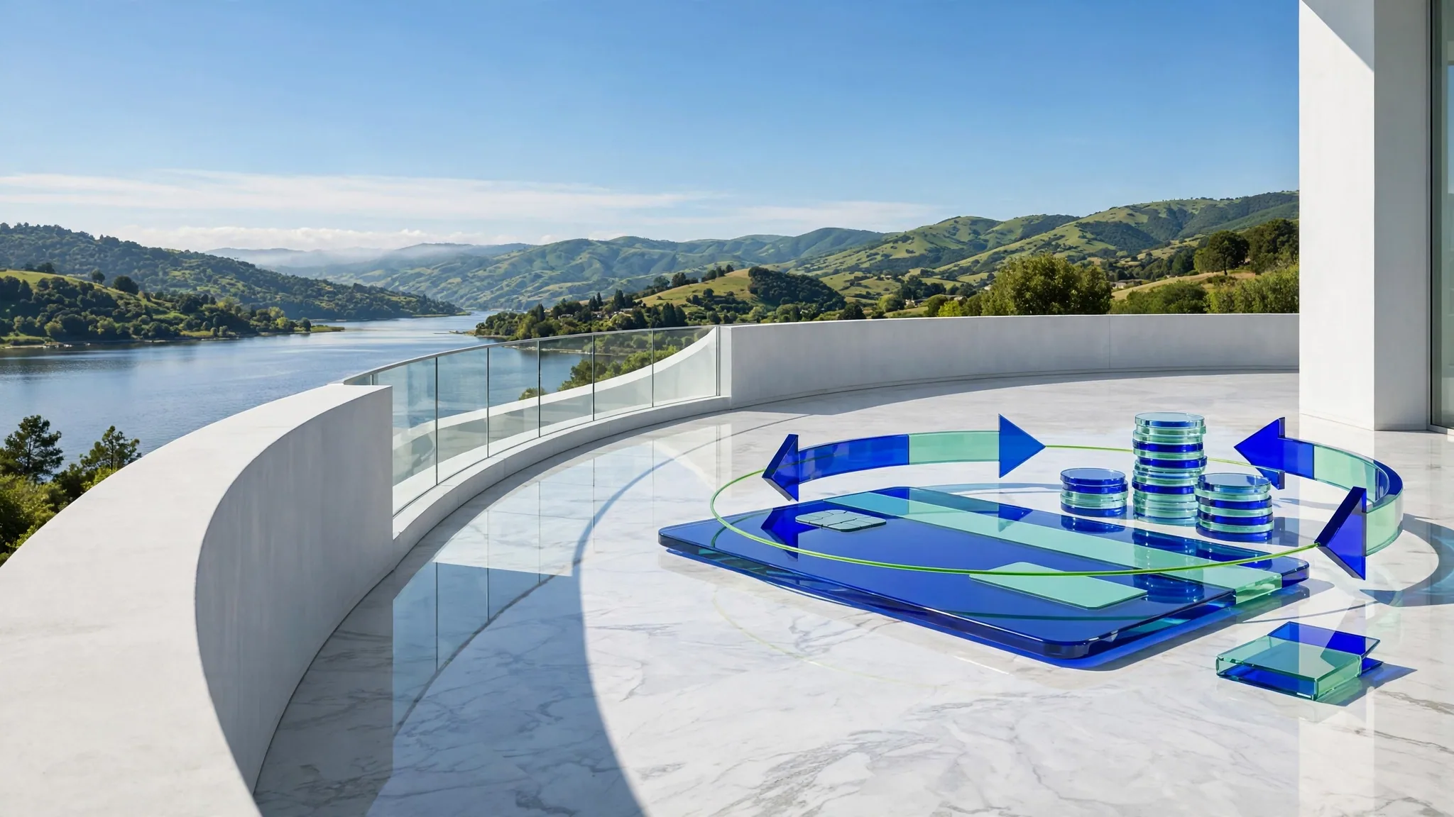 Translucent glass sculpture of a credit card and coin stacks ringed by curved arrows, on a sunny white concrete terrace above a bay under blue sky