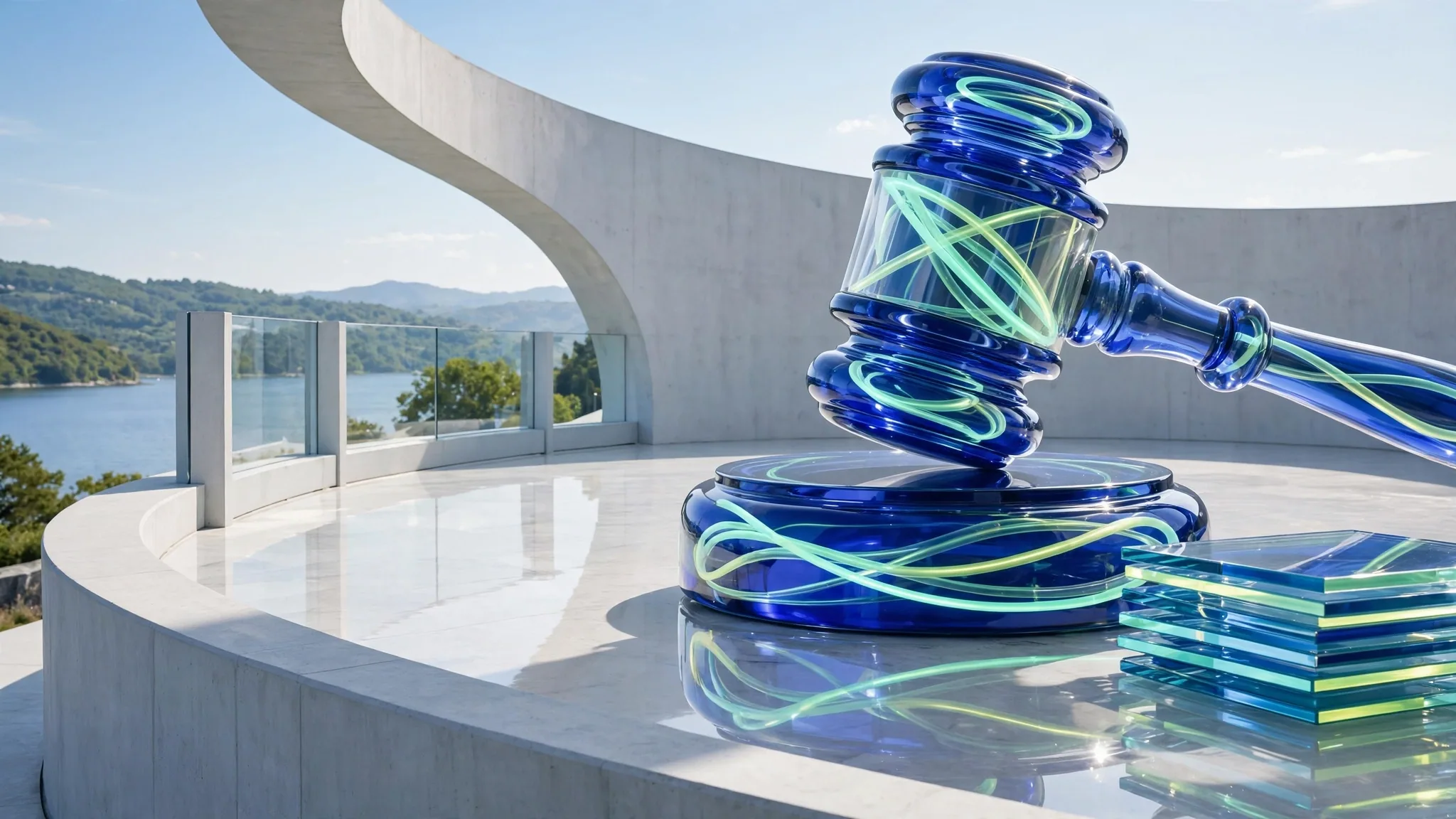 Translucent glass gavel resting on a round glass sound block on a sunny white concrete terrace, with a bay of blue water and clear sky behind