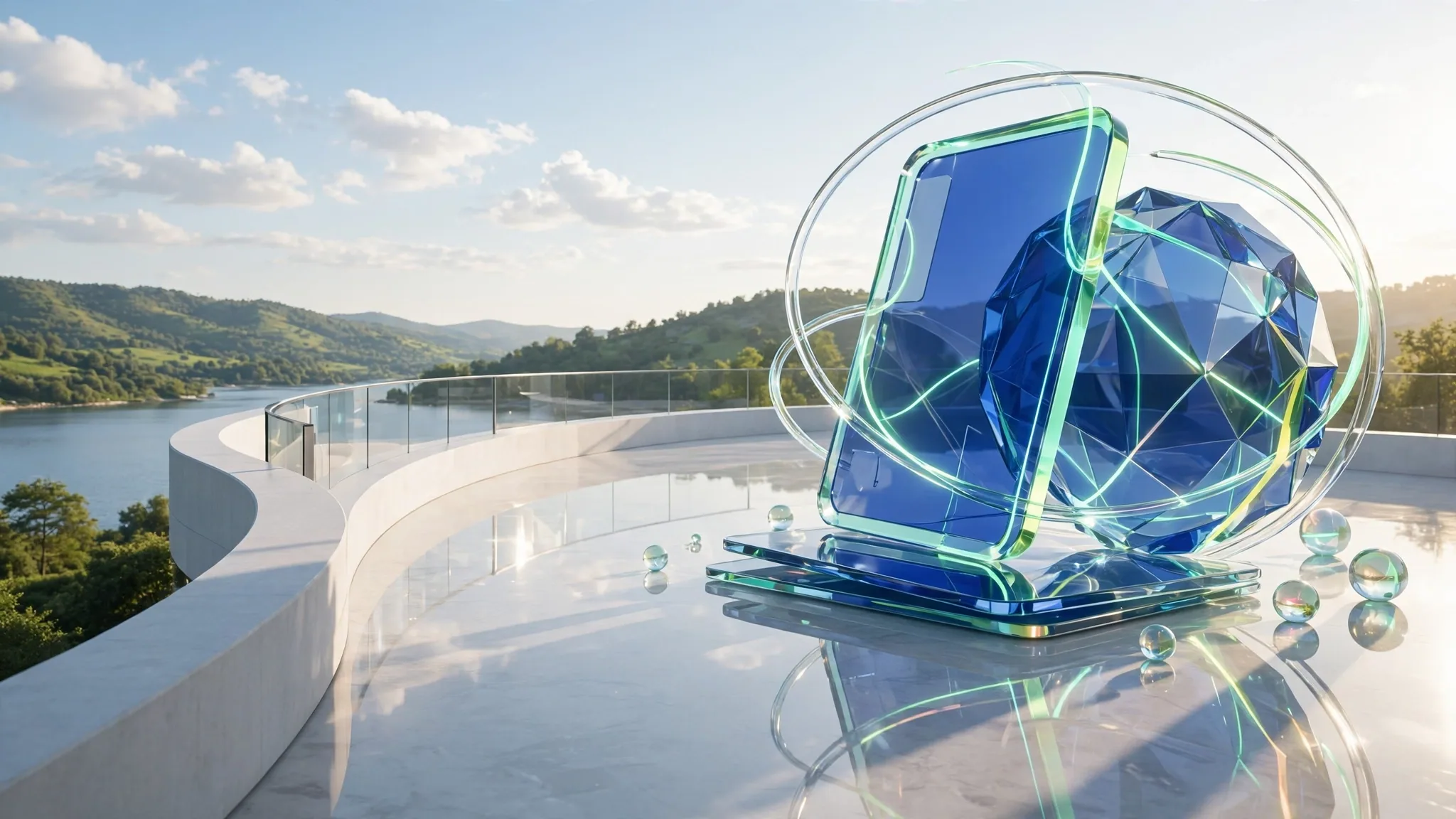 Translucent cobalt and lime glass sculpture on a sunny white concrete terrace above a bay, under a clear blue sky