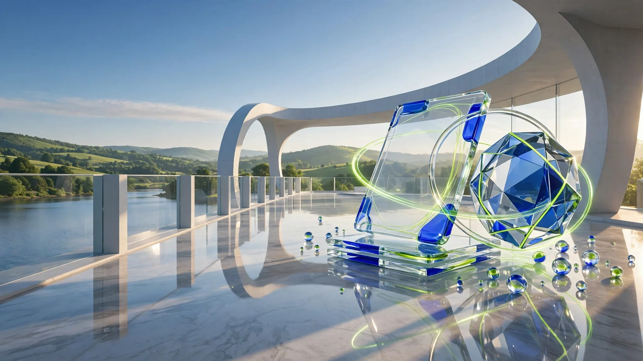 Translucent glass sculpture of a payment card beside a faceted coin on a sunny white terrace above a bay, under a clear blue sky