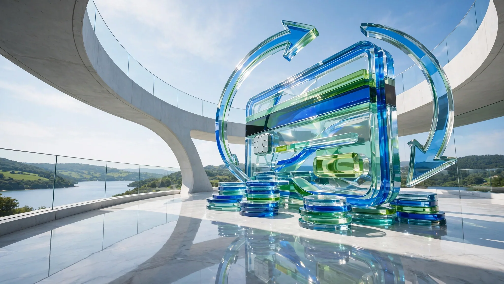 Translucent blue and lime glass sculpture on a sunlit white concrete terrace above a bay, illustrating consumer credit