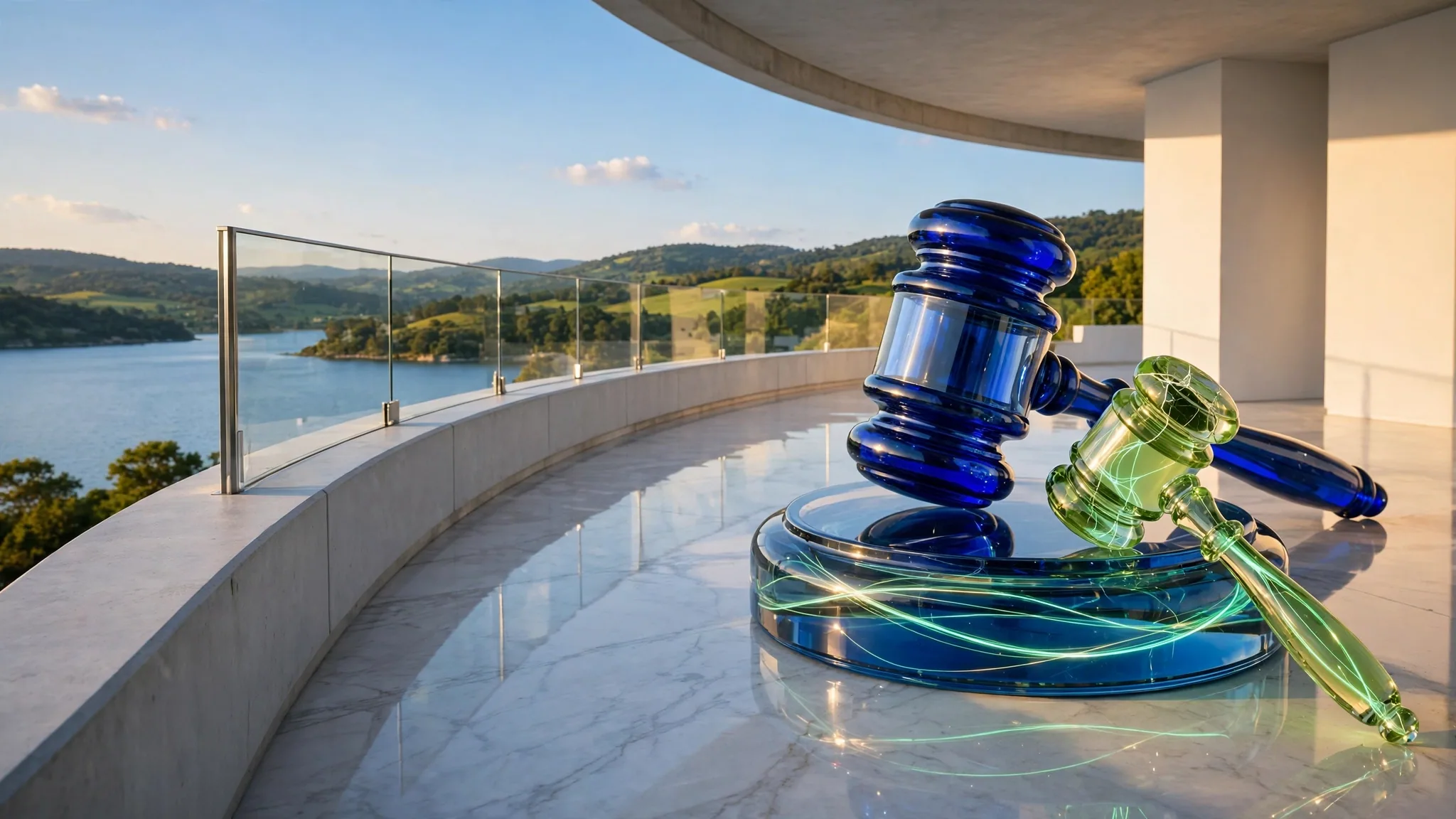 Translucent cobalt and lime glass sculpture of a gavel on a round sound block, set on a sunny white concrete terrace above a bay under a clear blue sky