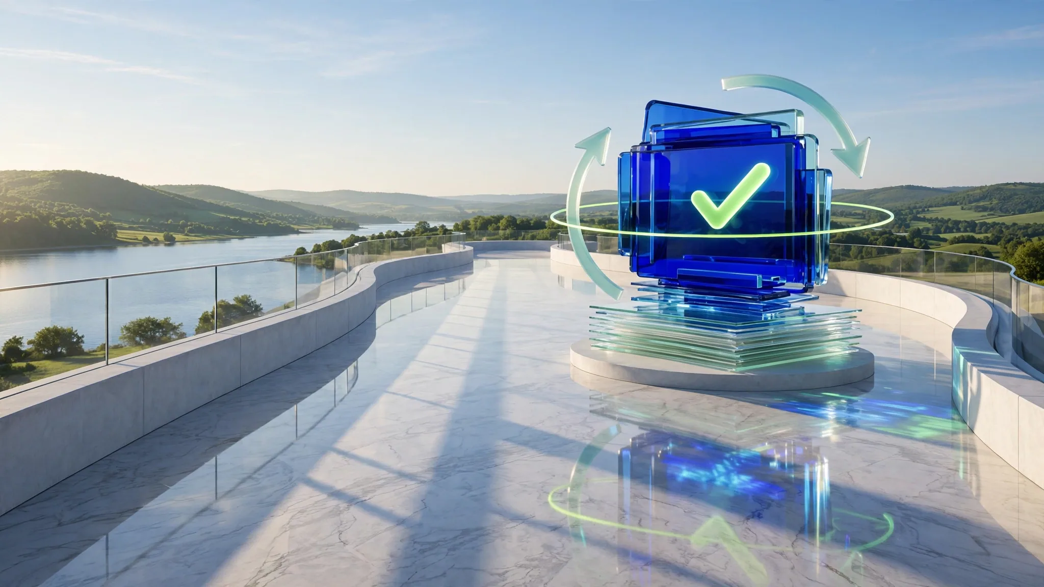 Translucent cobalt glass payment card with a glowing lime tick, ringed by curved mint glass arrows, on a sunny white terrace above a bay under a clear sky