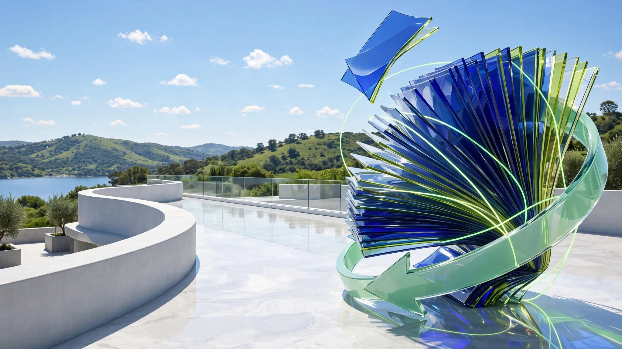 Translucent glass sculpture of fanned document pages wrapped by a curving arrow, set on a sunny white concrete terrace above a calm blue bay under a clear sky