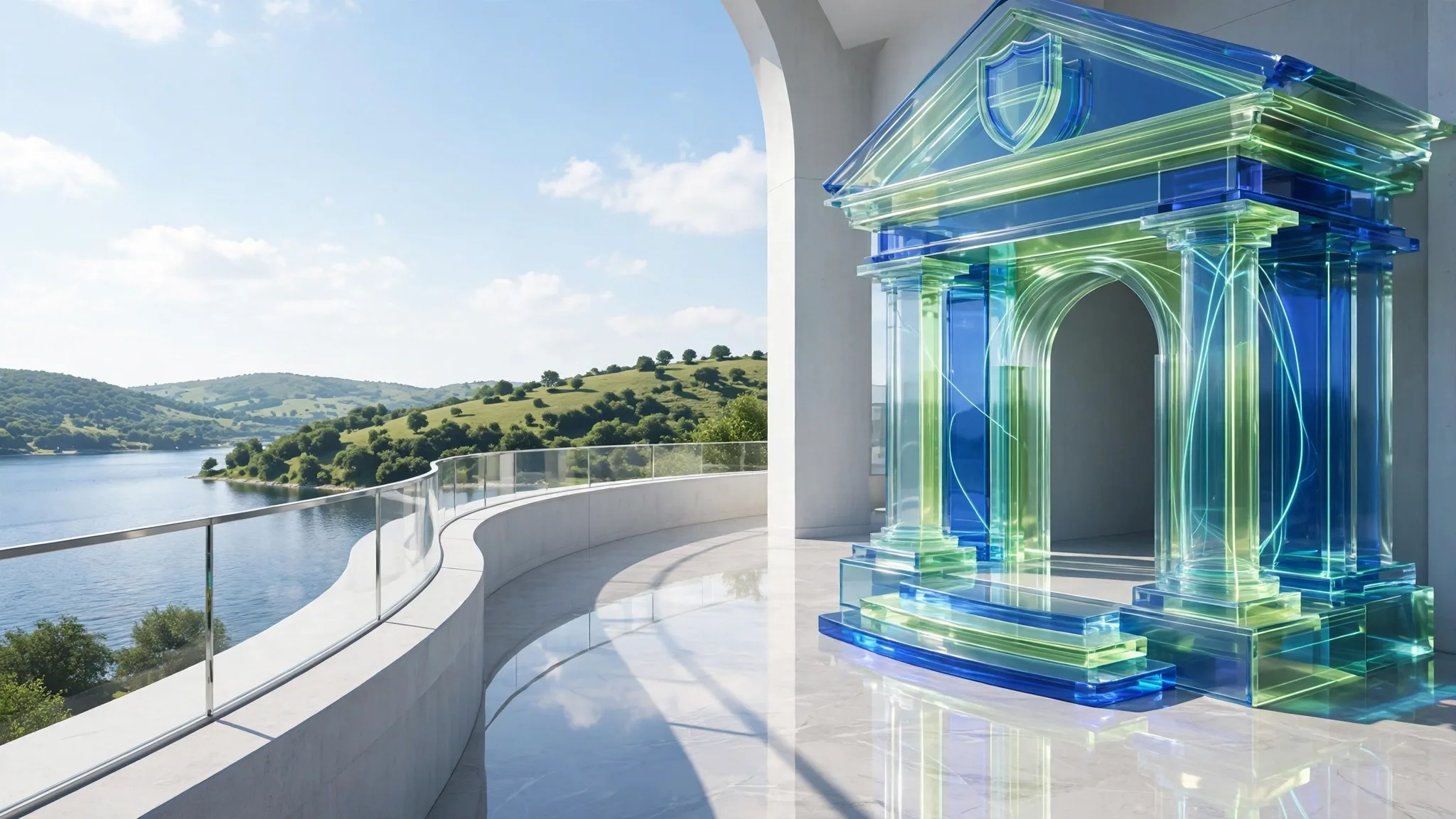 Translucent glass classical portico with two columns and front steps stands on a sunny white concrete terrace above a bay, under a clear blue sky