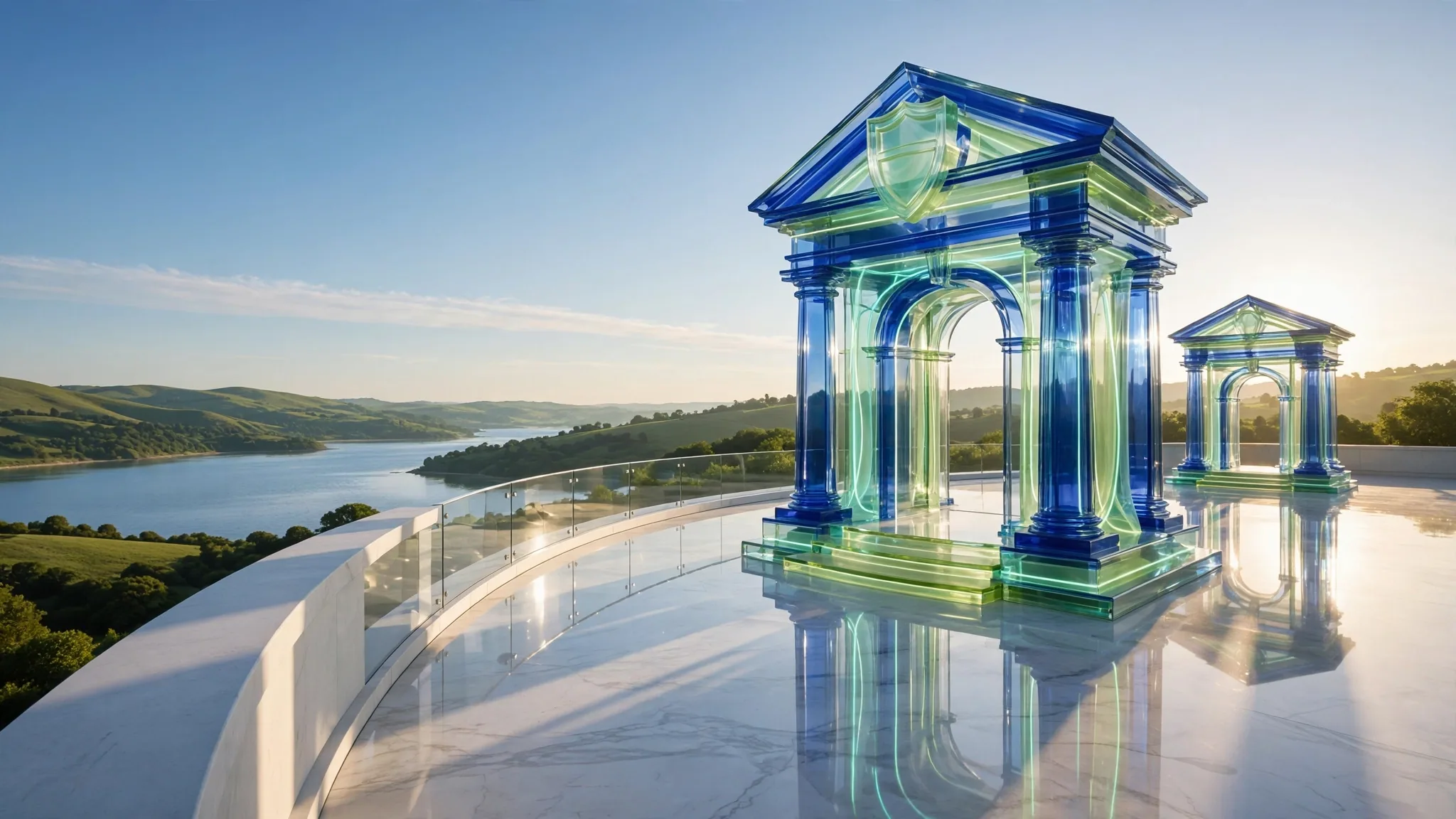 Translucent cobalt and mint glass sculpture of a classical portico with columns and steps stands on a sunny white terrace above a bay under a clear blue sky