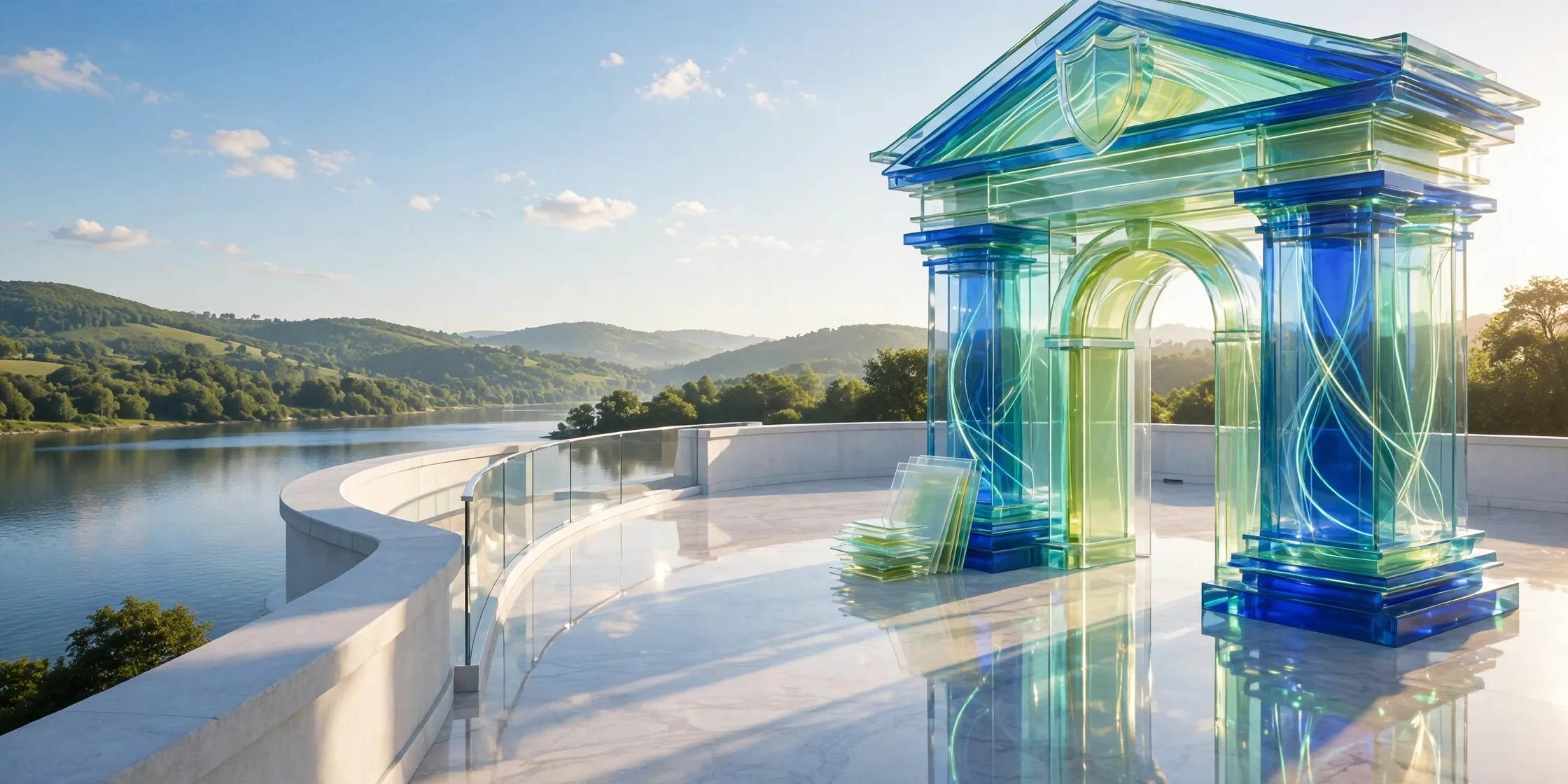 Translucent glass portico with columns, steps and arched doorway stands on a sunny white terrace above a bay under a clear blue sky