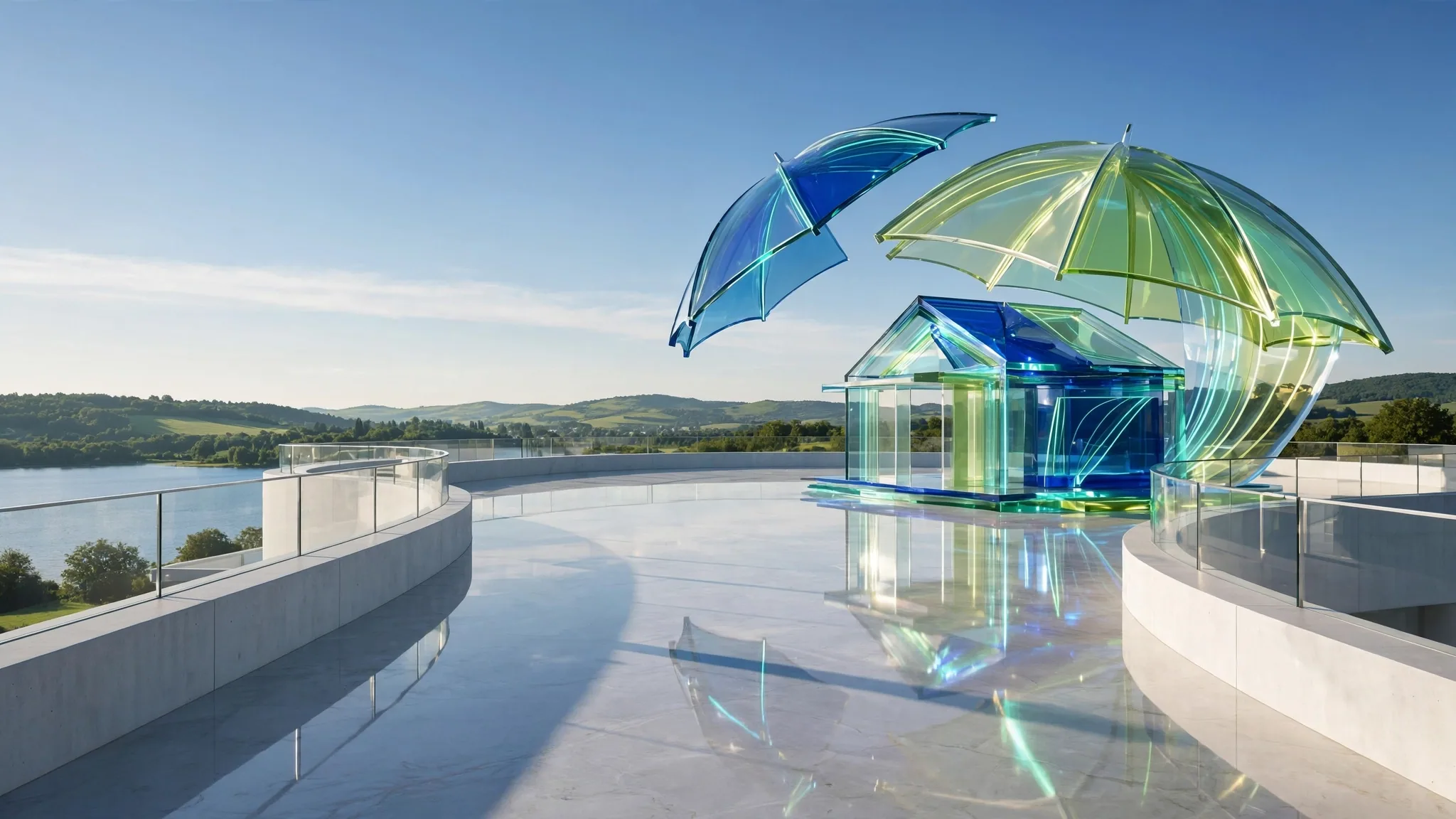 Translucent glass sculpture of a small house beneath an open umbrella on a sunny white concrete terrace above a bay, blue sky beyond