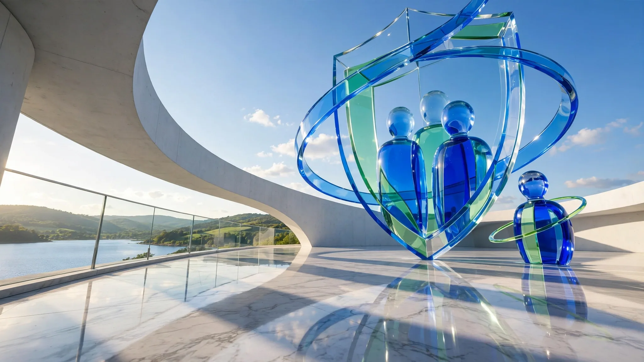 Translucent cobalt, royal blue, lime and mint glass sculpture of a shield with figures inside, set on a sunny white concrete terrace above a bay under a bright sky