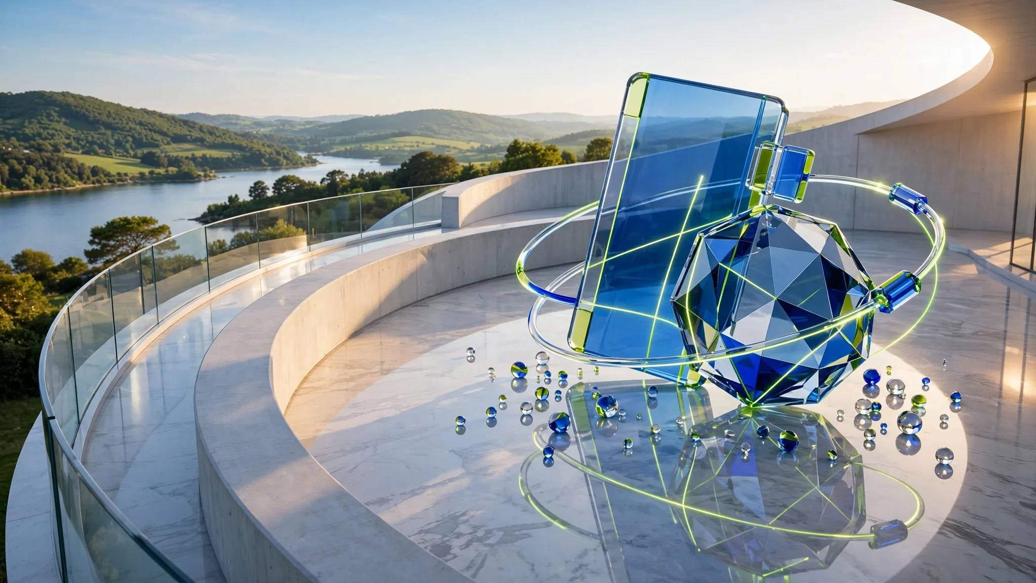Translucent cobalt and lime glass sculpture of a payment card beside a faceted coin, on a sunny white concrete terrace above a bay under clear sky