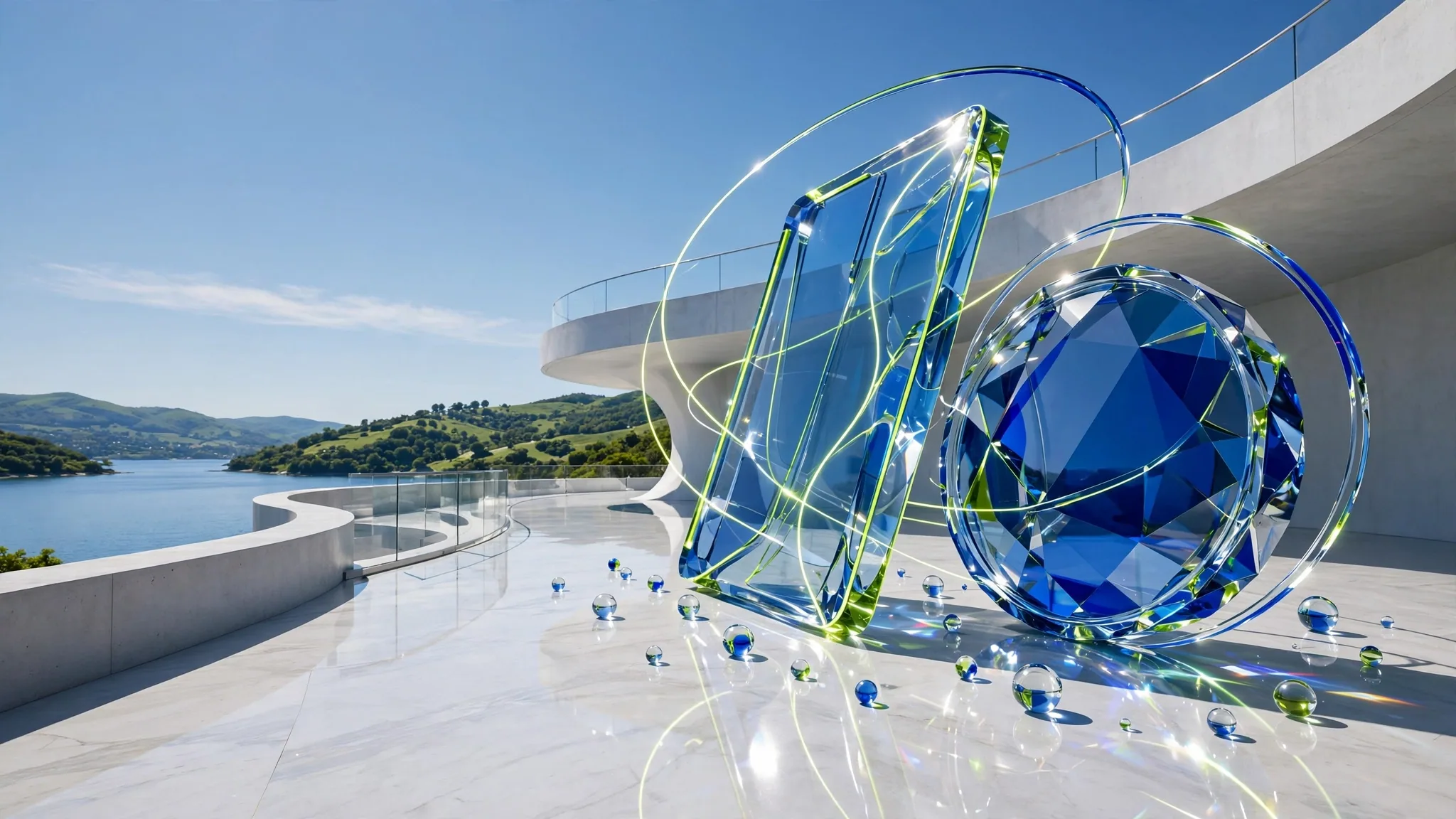 Translucent cobalt and lime glass sculpture of a card and coin on a sunny white concrete terrace above a calm blue bay under a clear sky