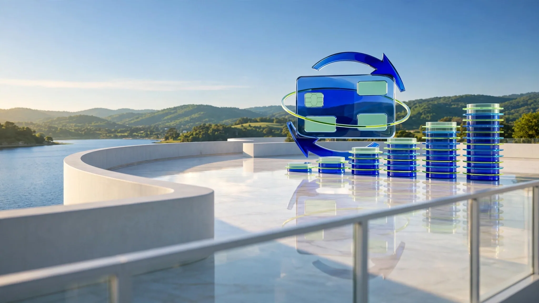 Translucent cobalt and lime glass credit card and coin stacks encircled by curved arrows on a sunlit white terrace above a bay