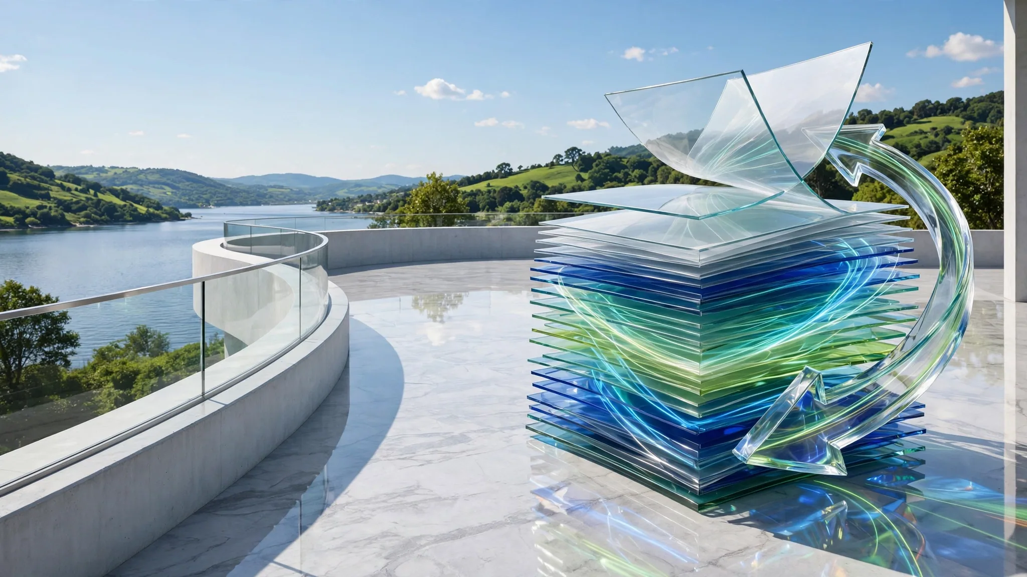 Translucent glass sculpture of fanned pages wrapped by a curving arrow sits on a sunny white terrace above a calm bay under a clear blue sky
