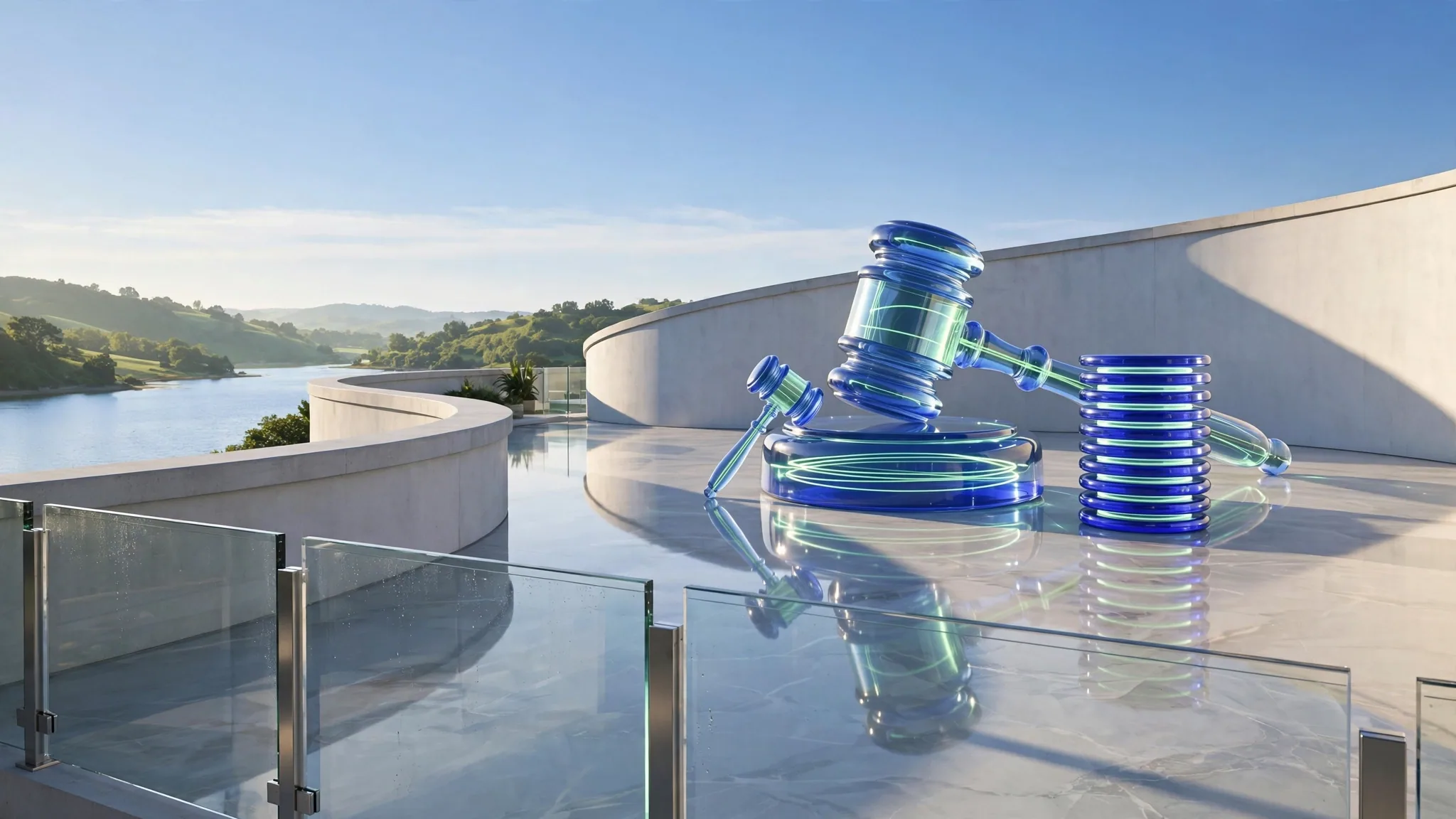 Translucent cobalt, royal blue, lime and mint glass gavel and sound block sit on a sunny white concrete terrace overlooking a calm bay under a clear blue sky