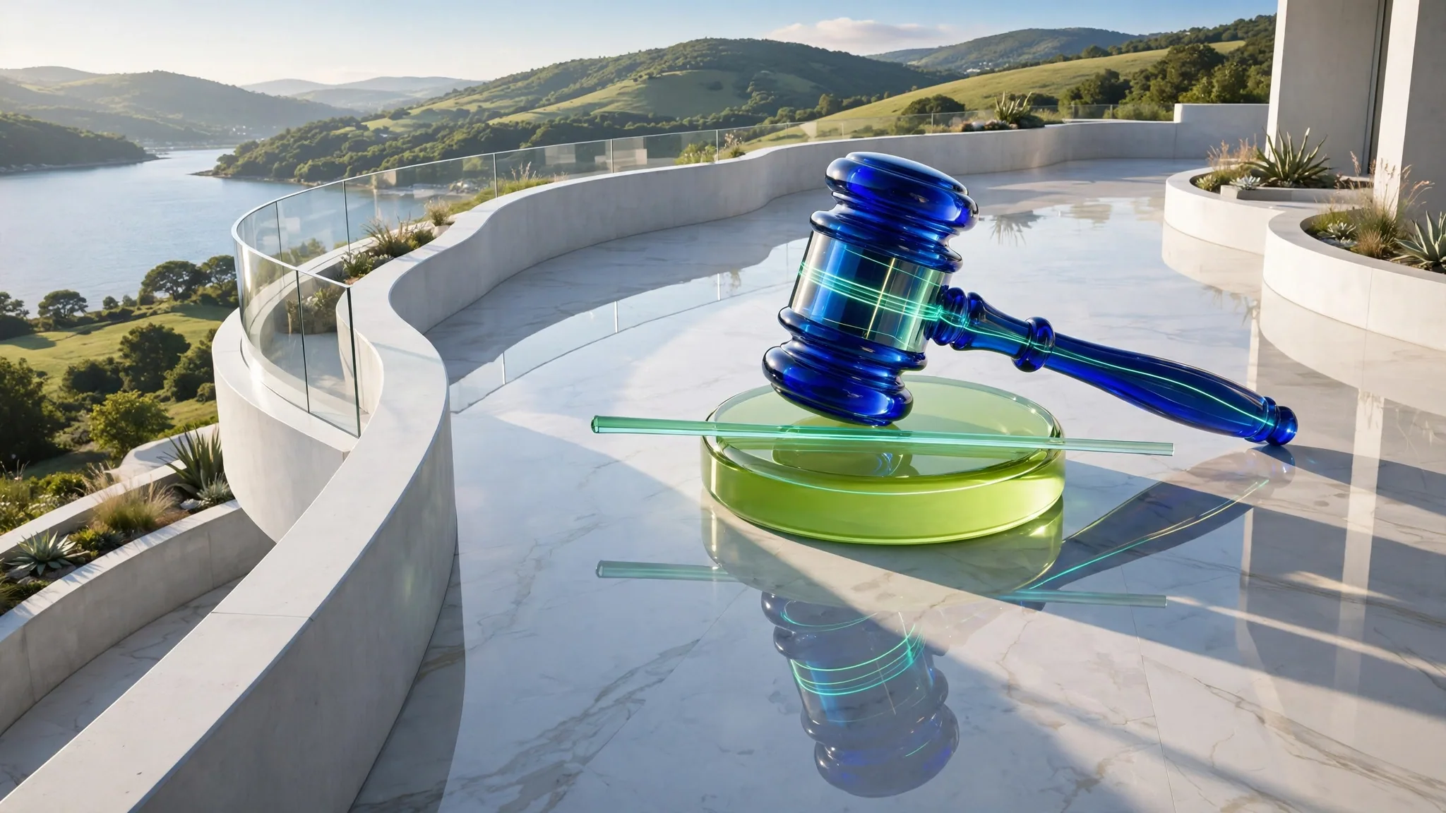Translucent glass gavel resting on a round sound block in cobalt and lime, set on a sunny white concrete terrace above a bay under blue sky