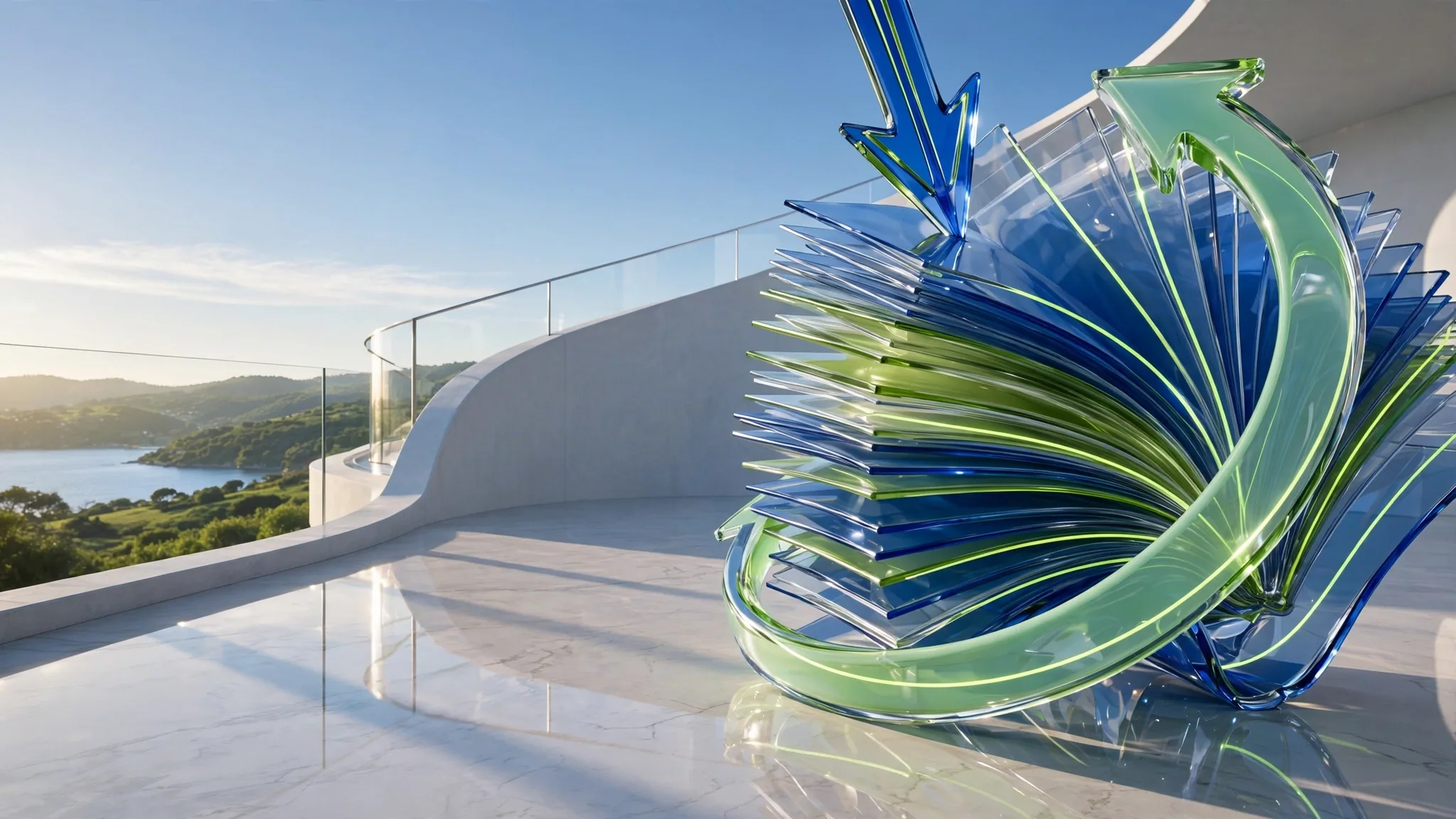 Translucent glass sculpture of fanned document pages wrapped by a curving arrow, set on a sunny white concrete terrace above a bay under blue sky