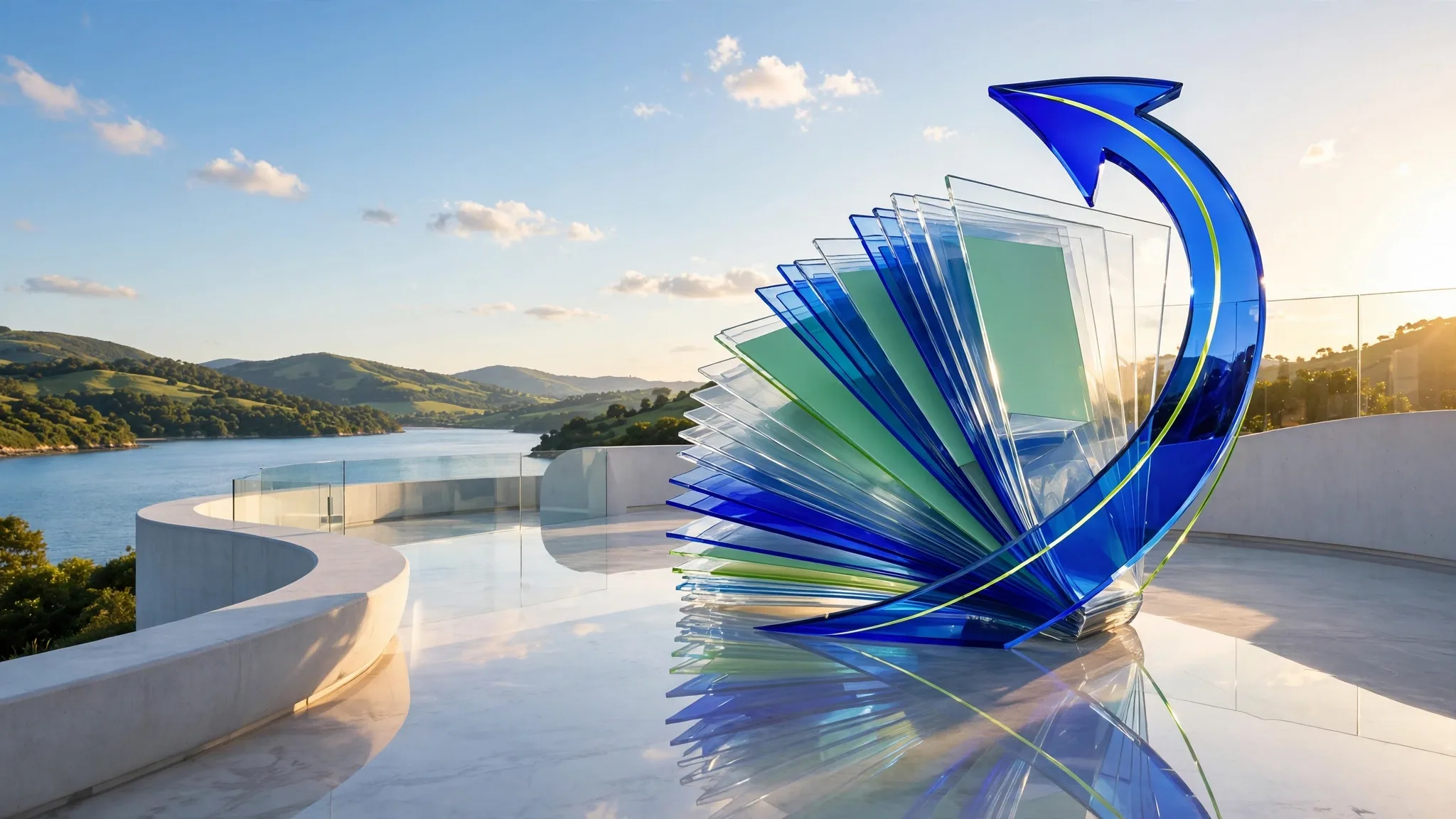 Translucent cobalt and lime glass sculpture of fanned pages wrapped by a curving arrow, set on a sunny white concrete terrace above a bay under a clear sky