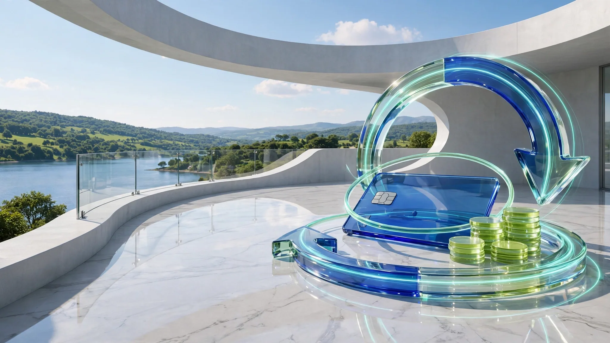 Translucent cobalt and lime glass sculpture of a credit card, coin stacks and curved arrows on a sunny white terrace above a bay under blue sky