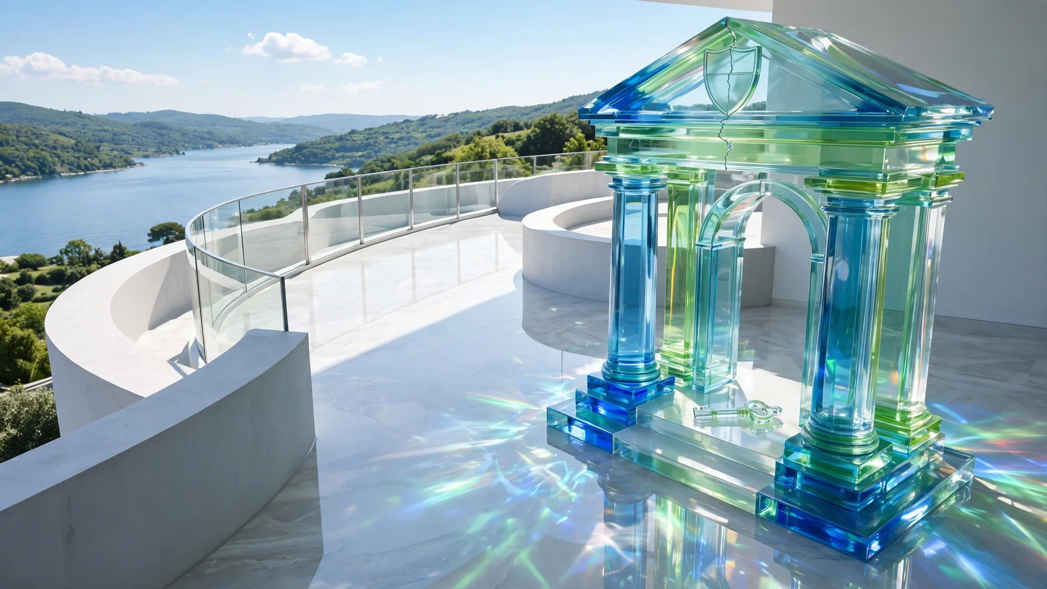Translucent glass classical portico in cobalt and lime sits on a sunny white concrete terrace above a calm bay under a clear blue sky