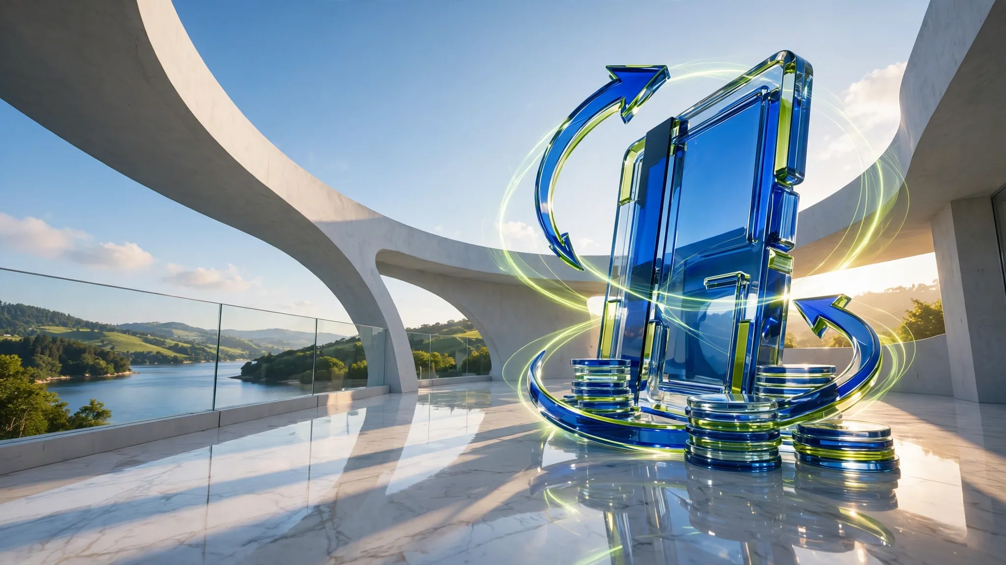 Translucent blue and lime glass sculpture on a sunlit white concrete terrace above a bay, illustrating consumer credit