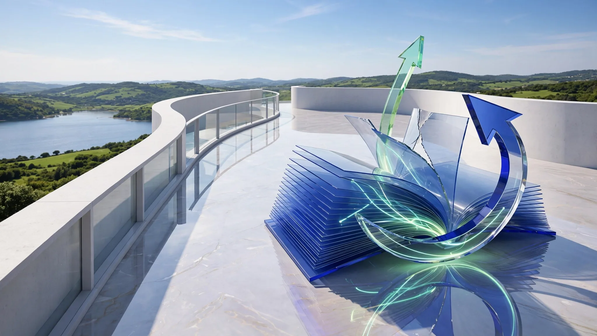 Translucent cobalt, lime and mint glass sculpture of fanned pages wrapped by a curving arrow, set on a sunny white terrace above a calm blue bay