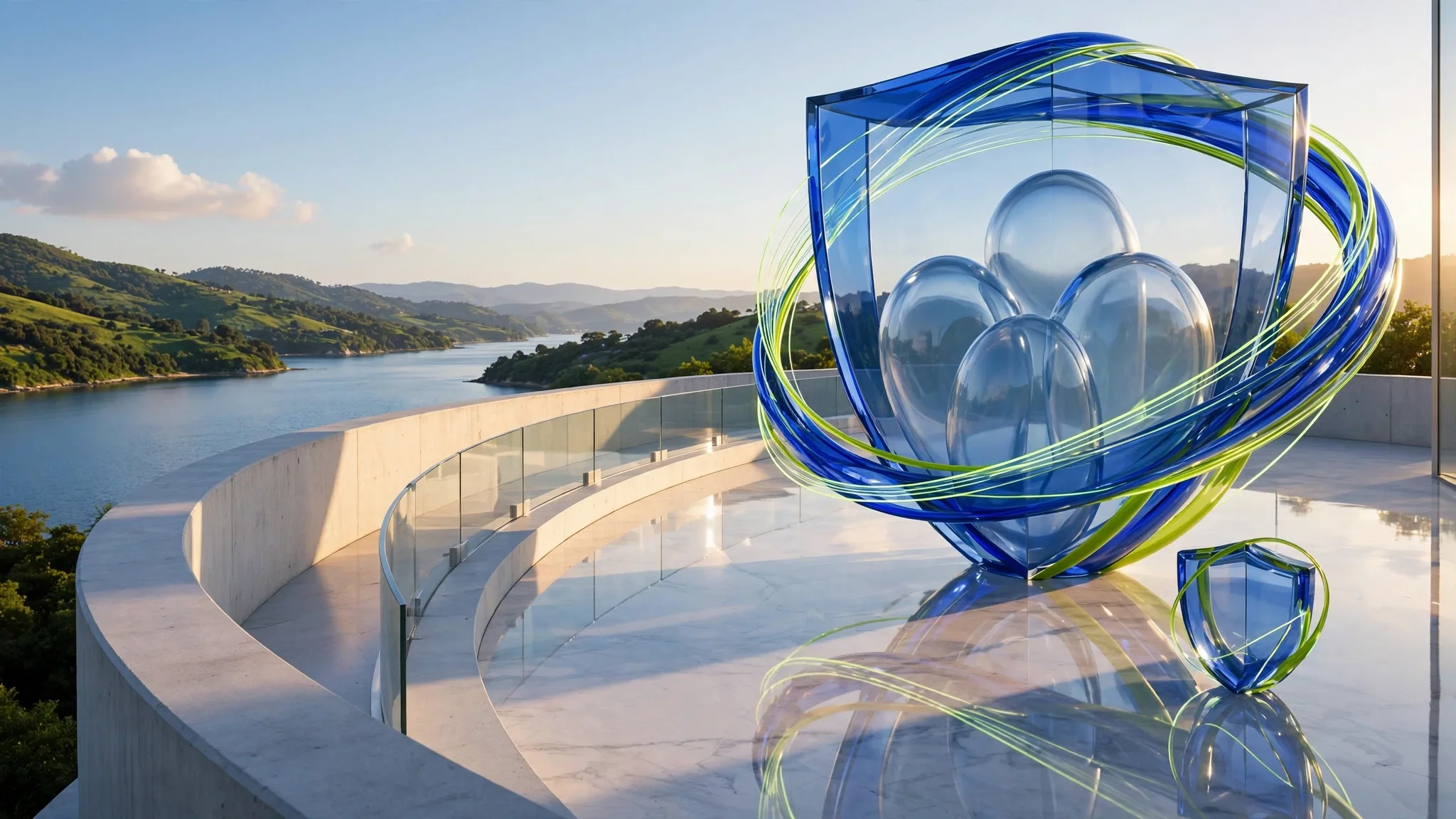Translucent cobalt and lime glass sculpture of a shield holding three rounded figures, wrapped by a ribbon ring, on a sunny white terrace above a bay