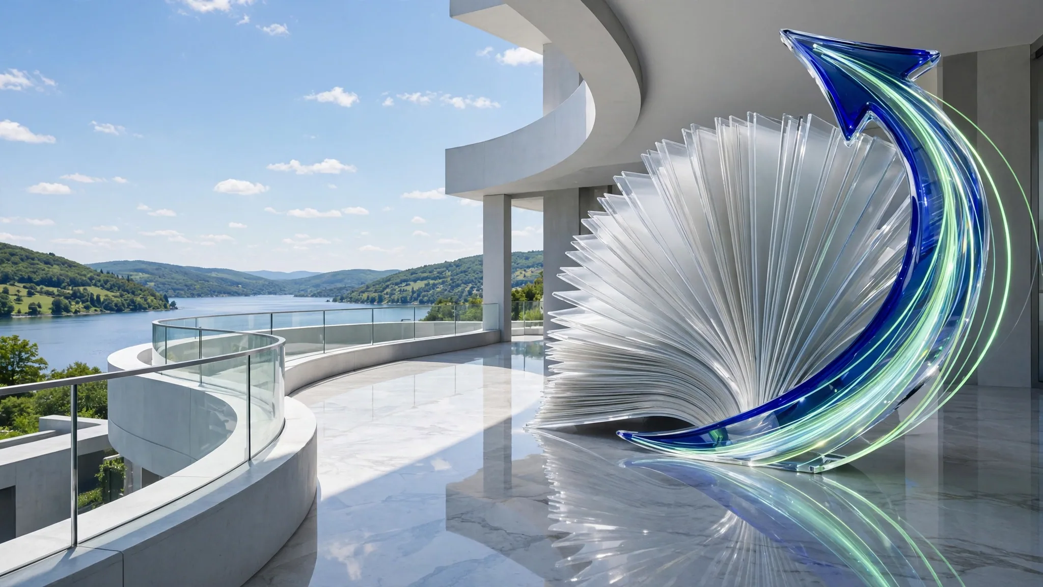 Translucent cobalt, lime and mint glass sculpture of fanned pages wrapped by a curving arrow, set on a sunny white concrete terrace above a bay under a clear blue sky