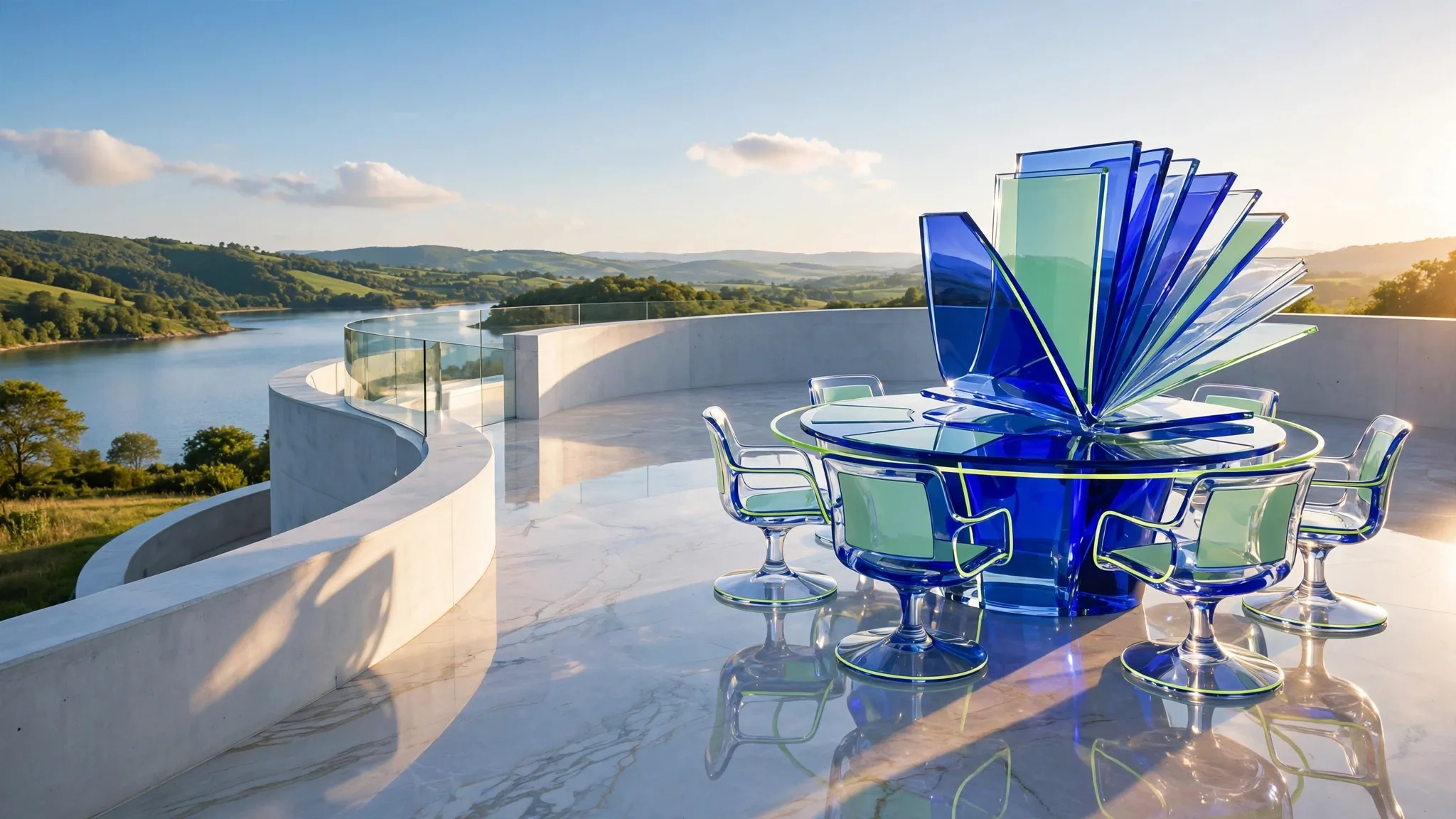 Translucent cobalt, royal blue, lime and mint glass sculpture of a round boardroom table with empty swivel chairs, on a sunny white concrete terrace above a bay under a clear sky