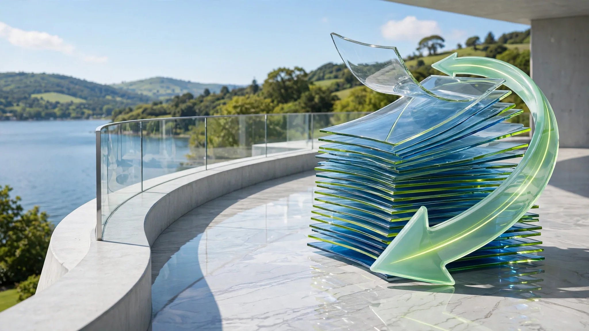 Translucent glass sculpture of fanned document pages wrapped by a curving arrow, on a sunny white concrete terrace above a calm bay under a clear blue sky