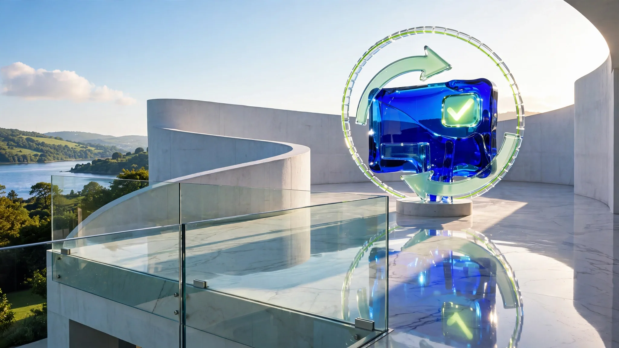Translucent cobalt glass payment card with a lime tick, ringed by curved mint glass arrows, on a sunny white terrace above a bay under blue sky