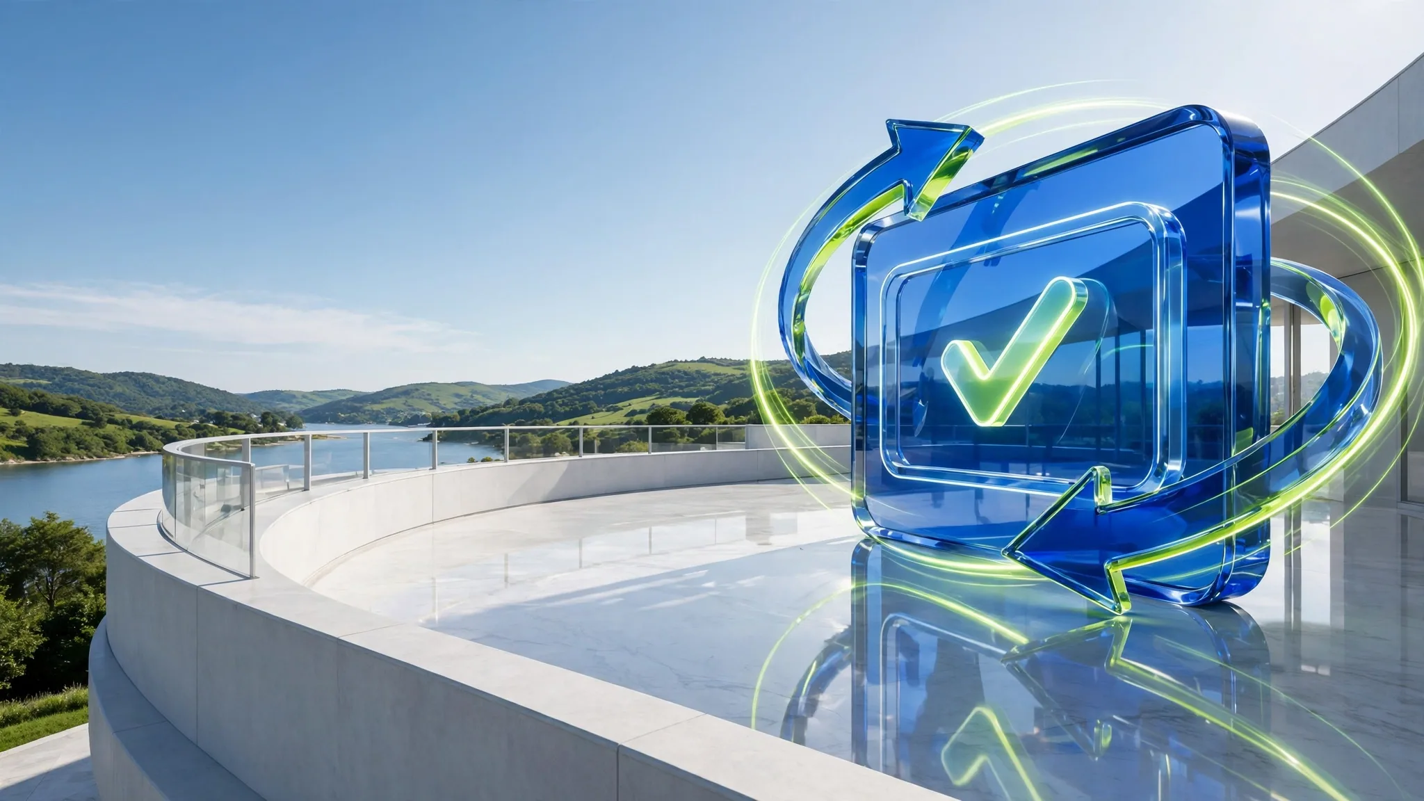 Translucent blue and lime glass sculpture on a sunlit white concrete terrace above a bay, illustrating financial crime