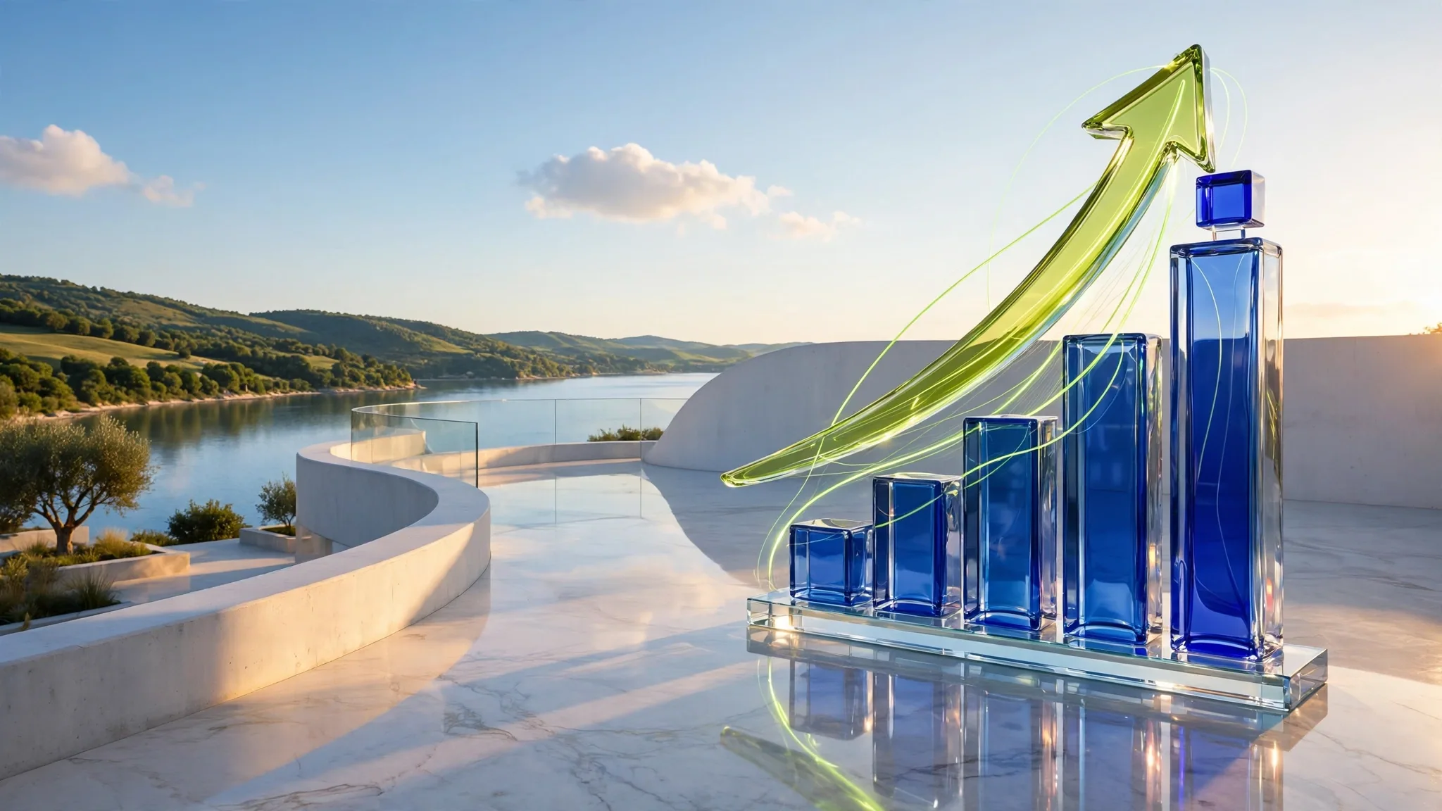 Translucent glass bar chart with a sweeping lime arrow climbing over it, set on a sunny white concrete terrace above a bay under blue sky