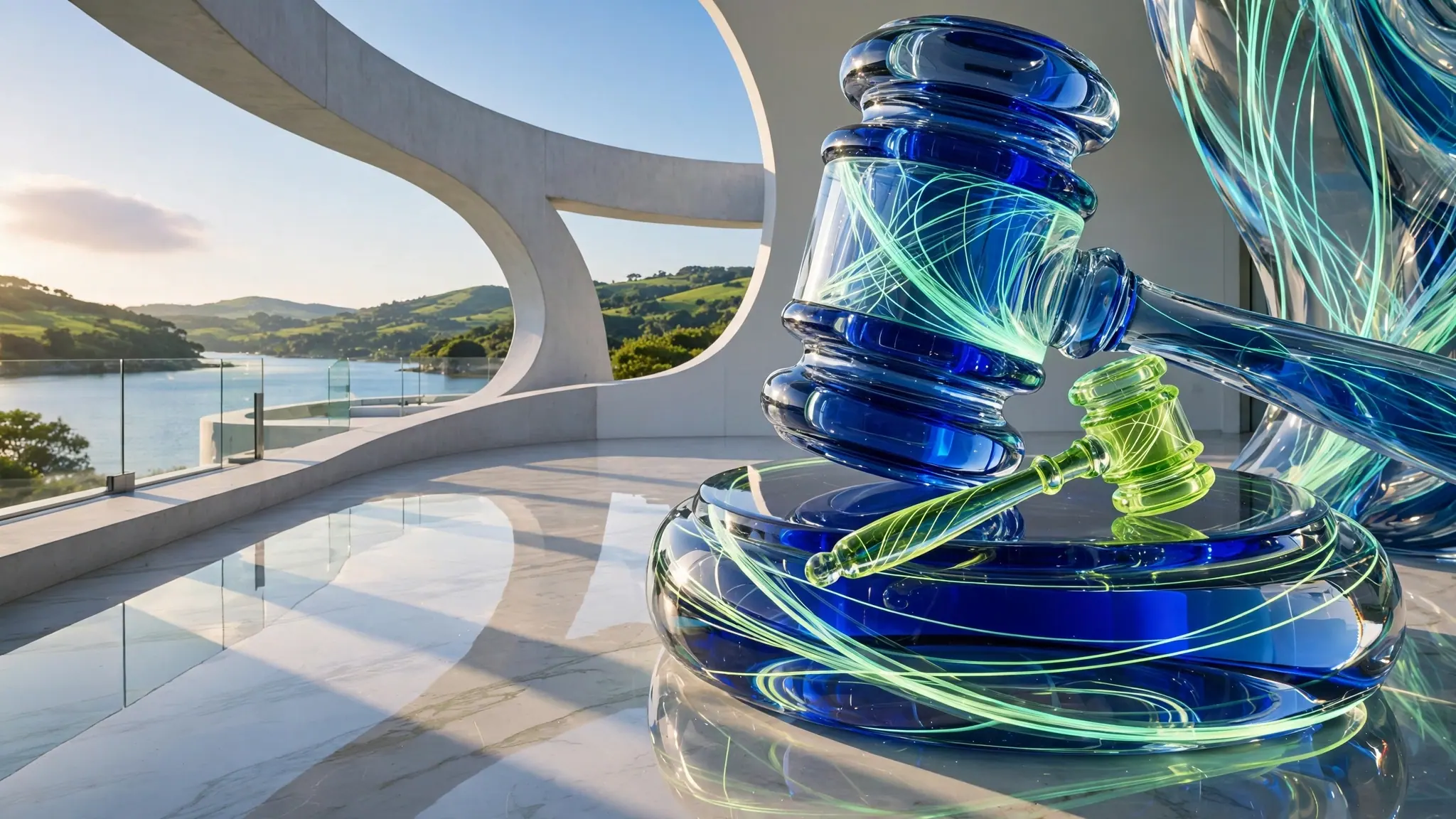 Translucent cobalt and lime glass gavel resting on a round glass block on a sunlit white concrete terrace, with the bay and blue sky behind
