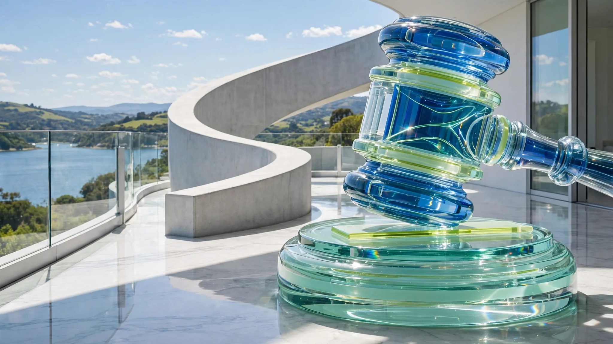 Translucent cobalt and lime glass gavel resting on a round glass block on a sunny white concrete terrace above a bay, under a clear blue sky