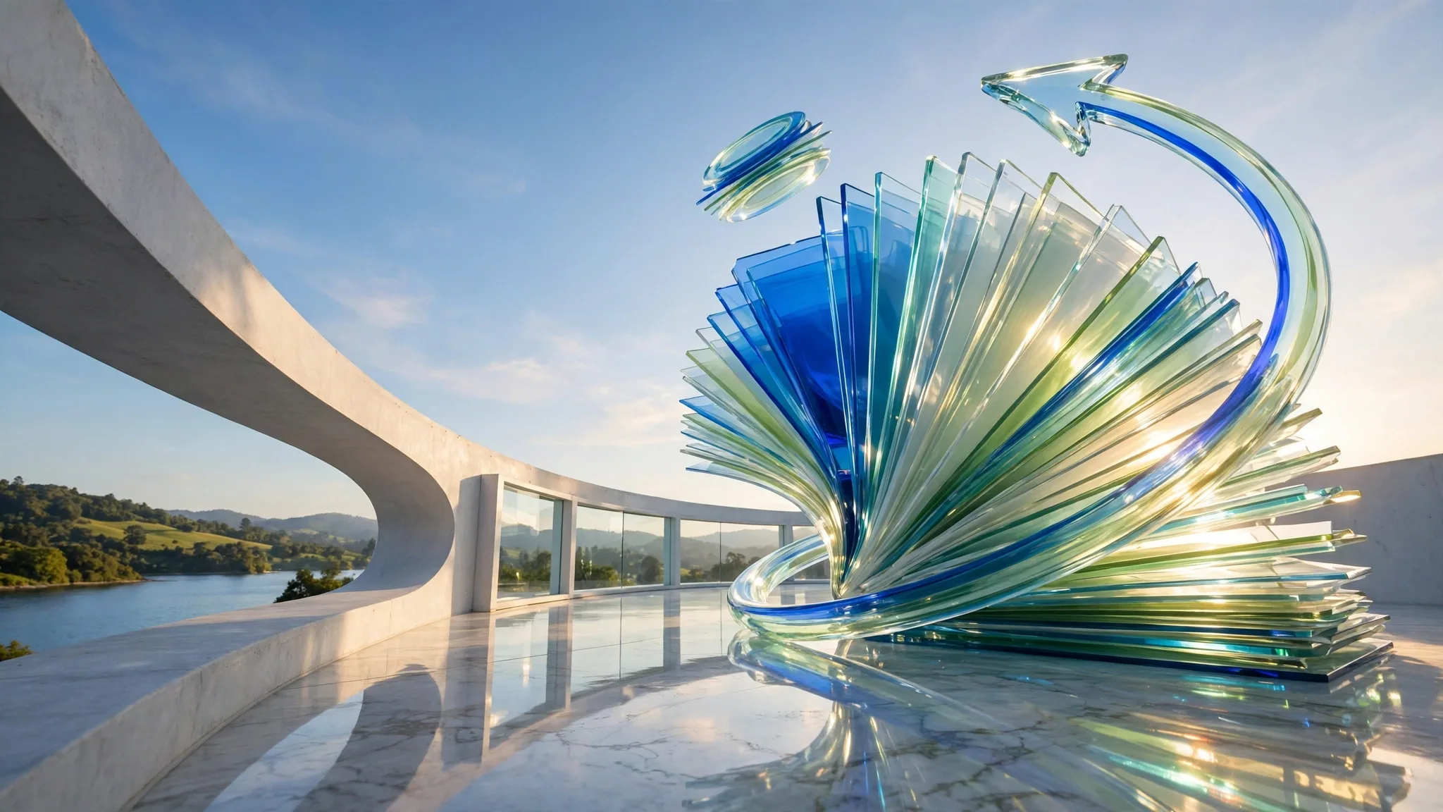 Translucent cobalt and lime glass sculpture of fanned pages wrapped by an arrow, on a sunny white terrace above a bay