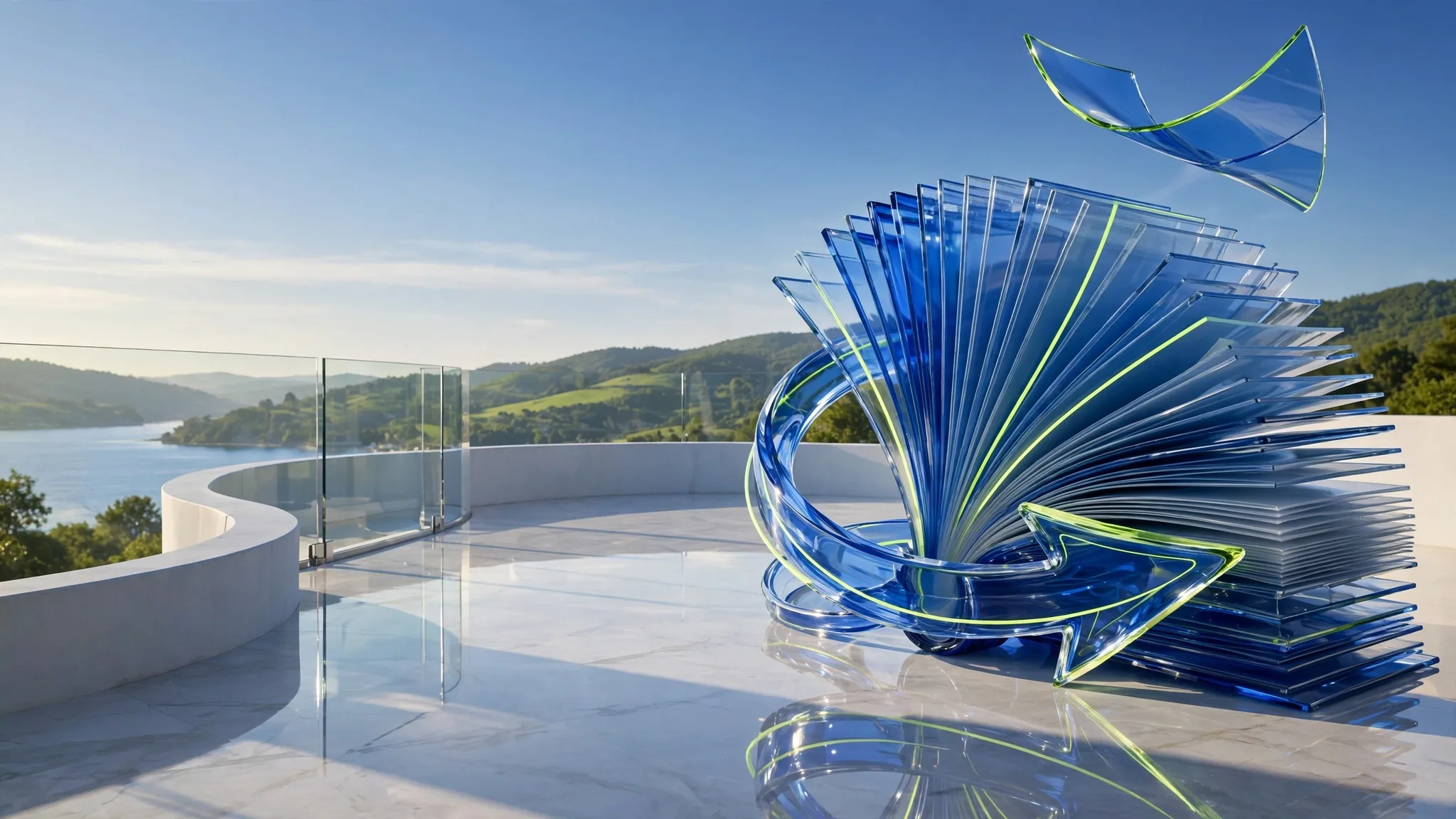 Translucent glass sculpture of fanned document pages wrapped by a curving arrow, set on a sunny white terrace above a bay under a bright sky