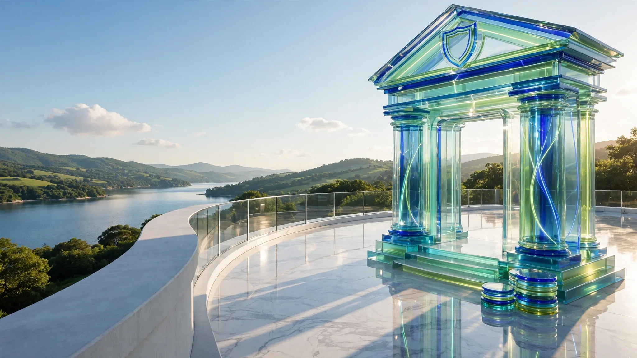 Translucent glass sculpture of a classical portico with columns and steps stands on a sunny white terrace above a bay, under a clear blue sky