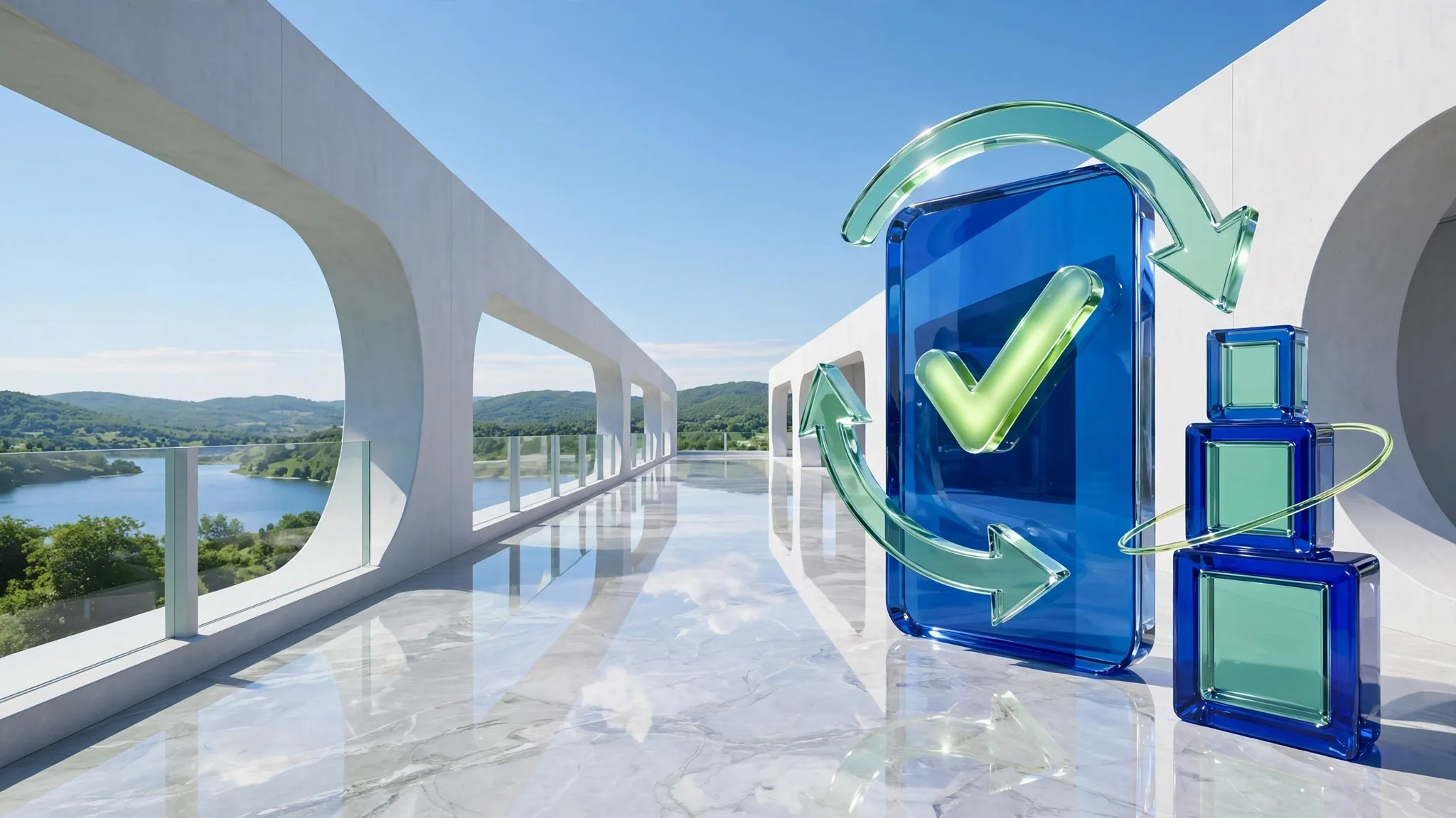 Translucent glass sculpture of a payment card and curved arrows on a sunny white concrete terrace overlooking a calm blue bay under a clear sky