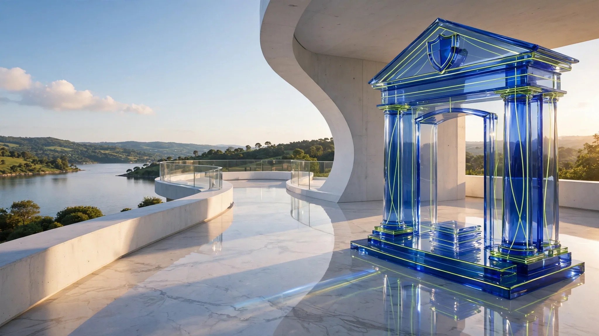 Translucent glass classical portico with two columns and steps, set on a sunny white terrace above a calm blue bay under a clear sky